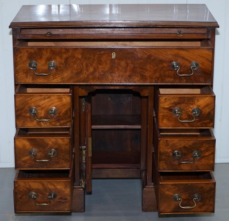 Early 1800s Flamed Hardwood Knee Hole Desk Pull Out Writing