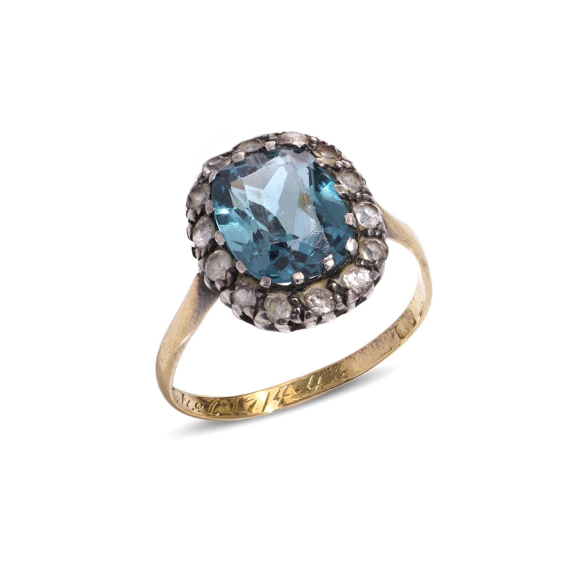 Antique early Georgian 18th Century 18kt yellow gold and silver blue topaz and paste cluster. 
Ring's  Shank has Initials and an inscription 1714 - 43 
Tested positive for 18kt gold and silver.

Dimensions - 
Finger Size (UK) = L (EU) = 53 (US) =