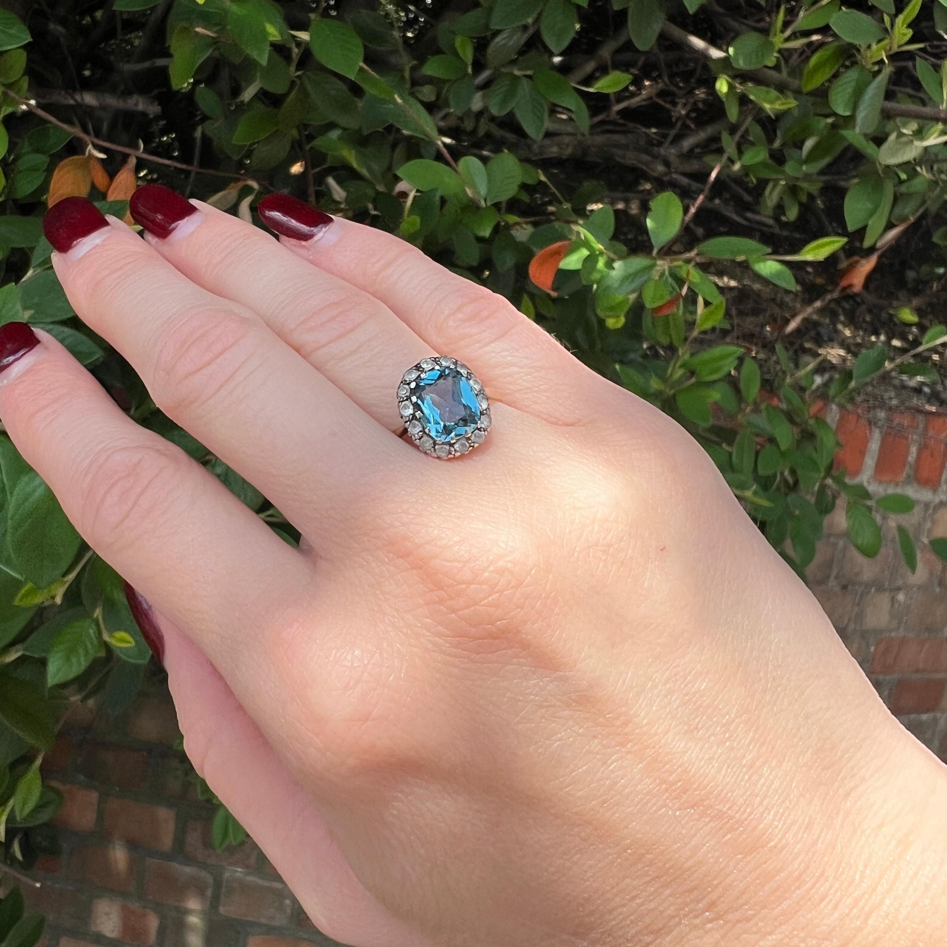 Antique early Georgian 18th Century 18kt yellow gold and silver blue topaz and paste cluster. 
Ring's  Shank has Initials and an inscription 1714 - 43 
Tested positive for 18kt gold and silver.

Dimensions - 
Finger Size (UK) = L (EU) = 53 (US) =