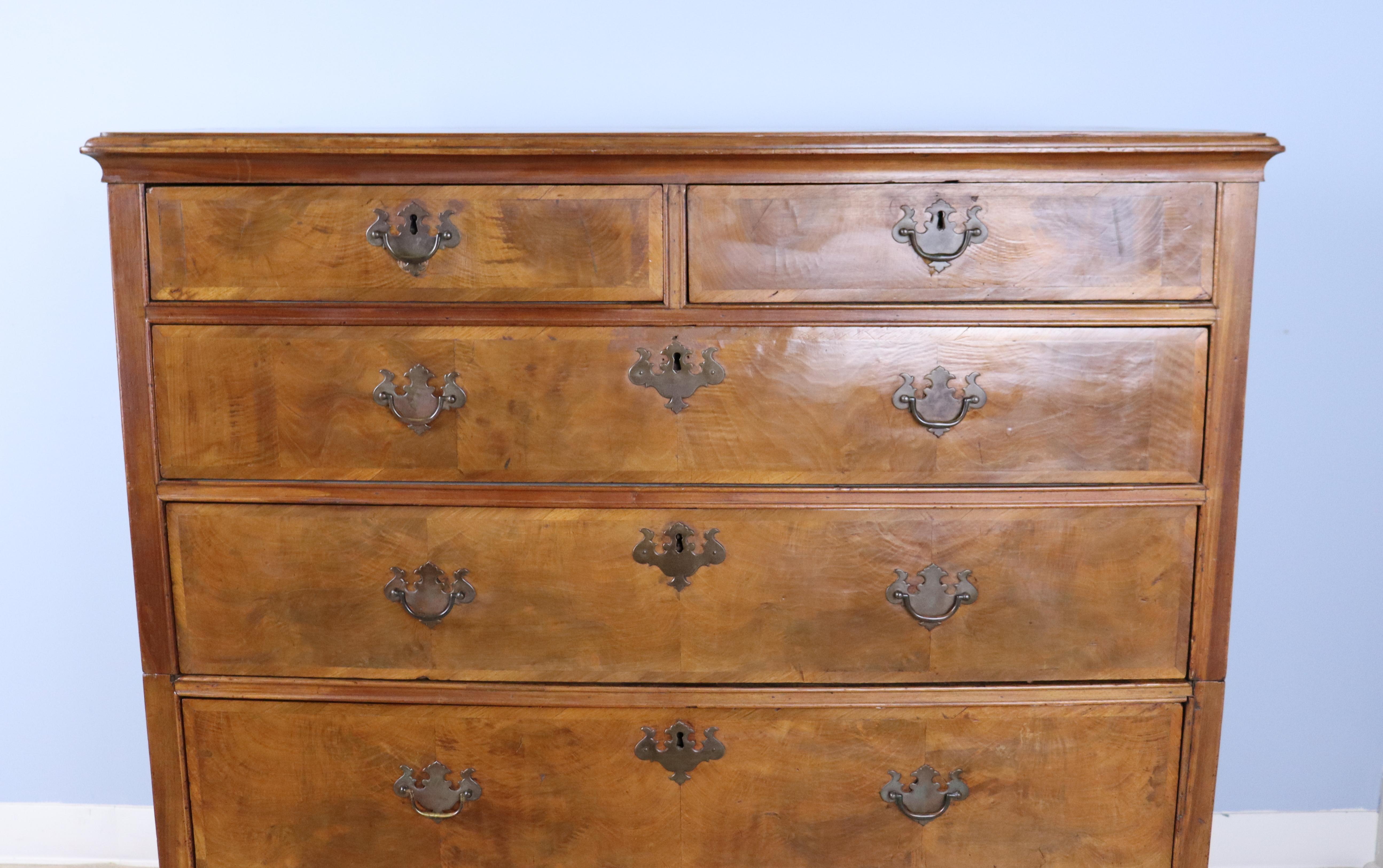 English Early Georgian Burr Walnut 2 Over 4 Chest of Drawers, George I Period For Sale