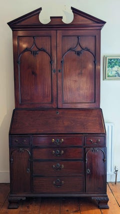 Early Georgian Chippendale Bureau Bookcase Desk in Carved Mahogany
