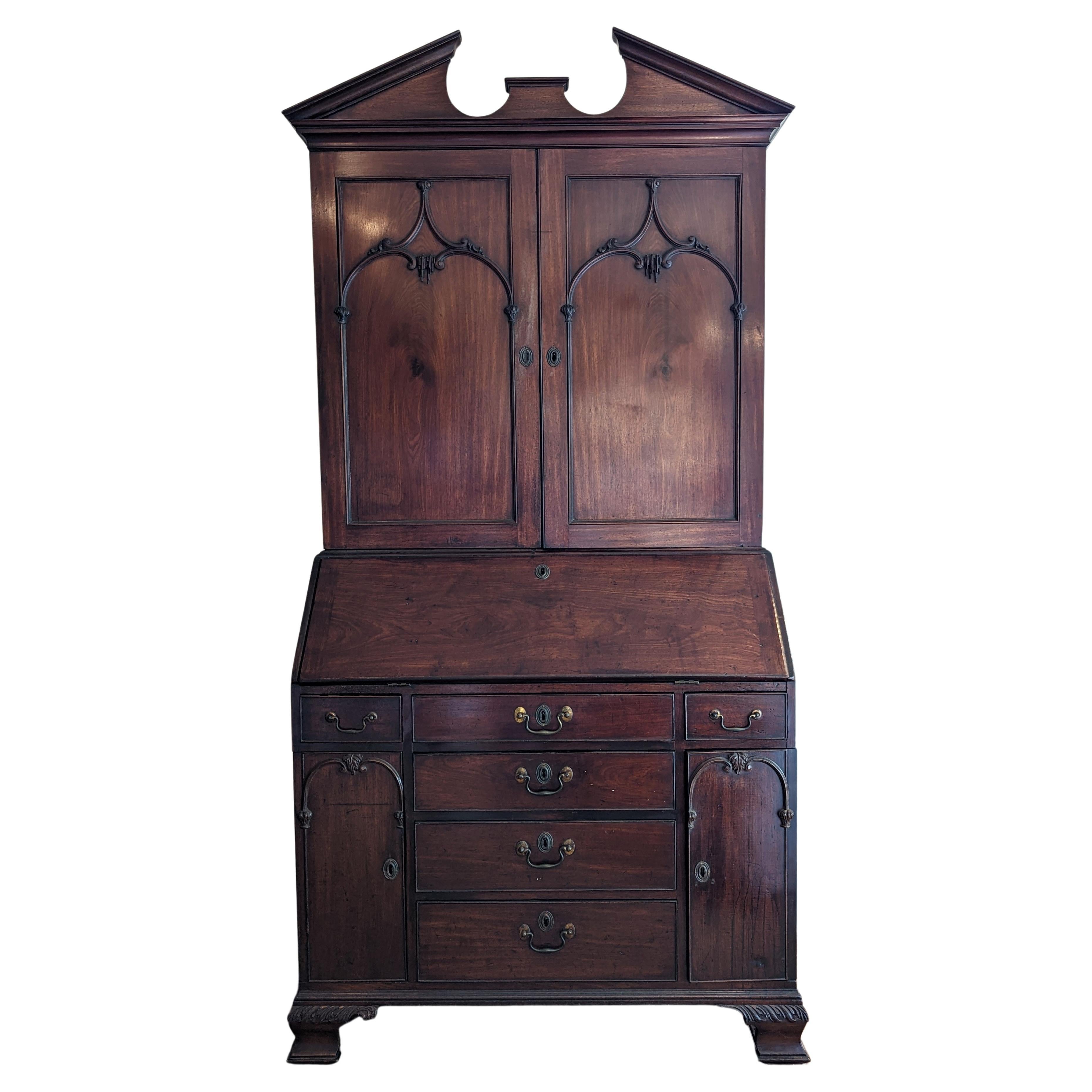 Early Georgian Chippendale Bureau Bookcase Desk in Carved Mahogany For Sale