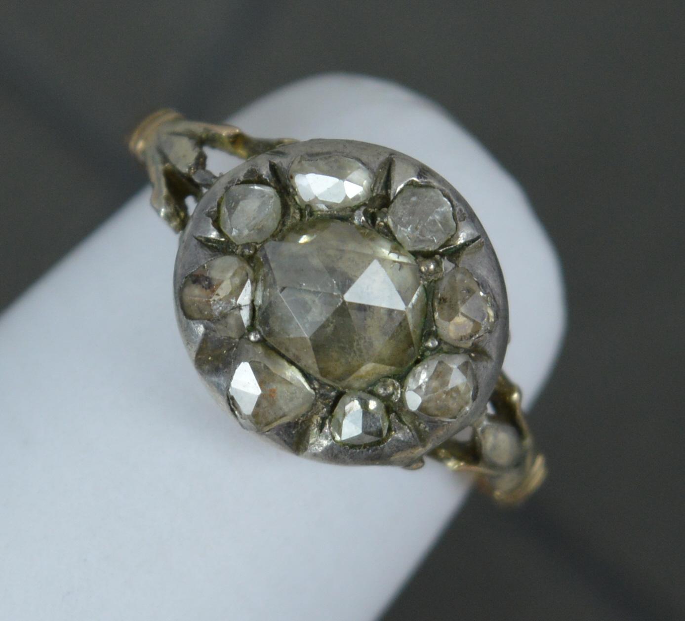 Early Georgian Foiled Rose Cut Diamond and 15ct Gold Cluster Ring For Sale 8