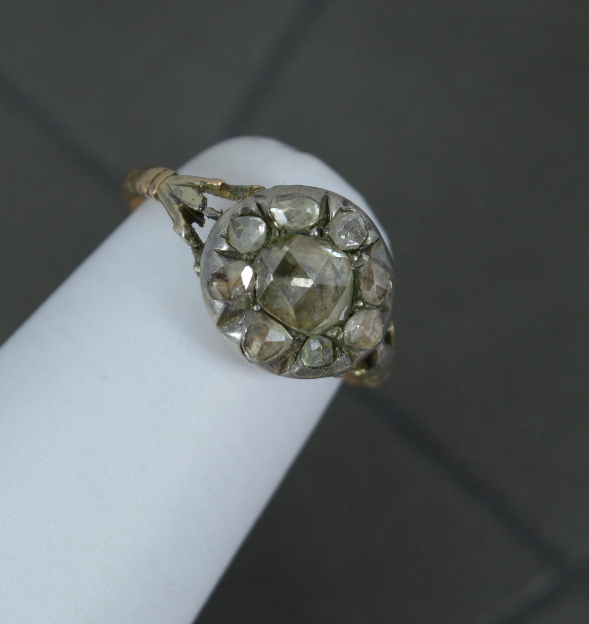 Early Georgian Foiled Rose Cut Diamond and 15ct Gold Cluster Ring For Sale 9