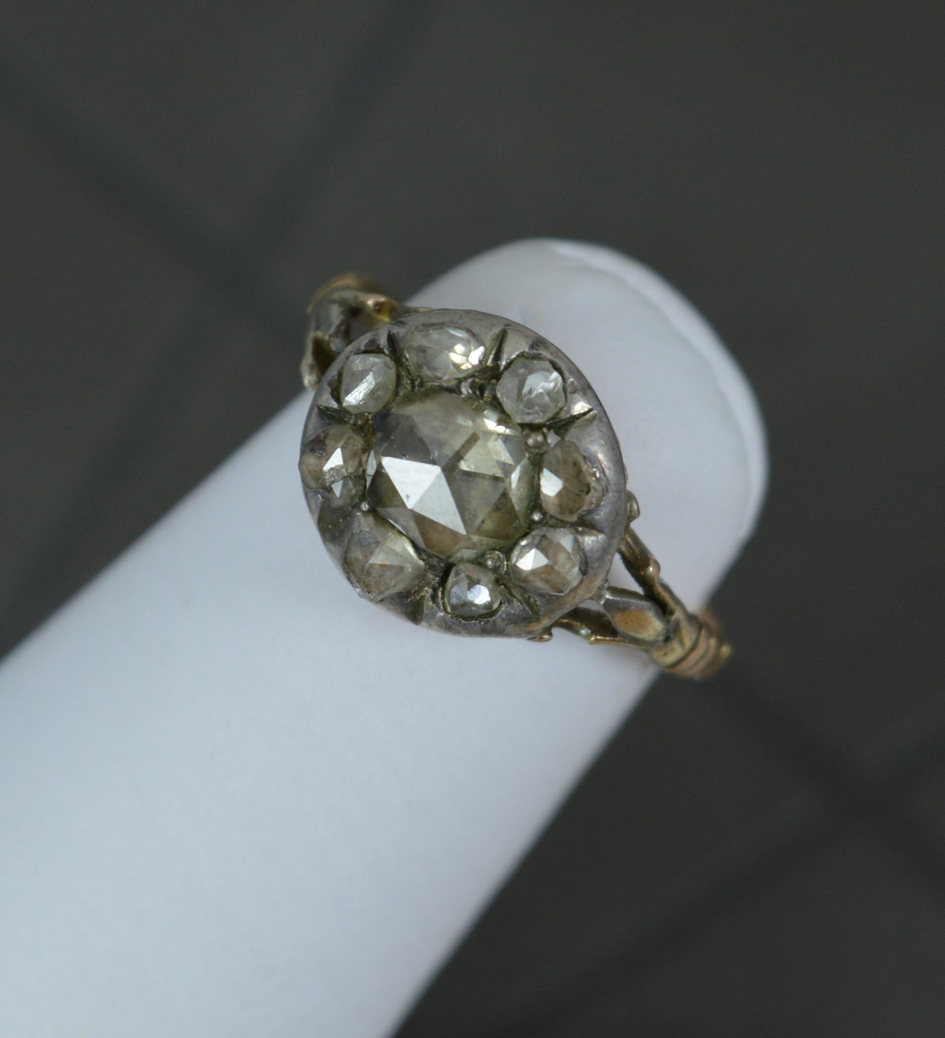 Early Georgian Foiled Rose Cut Diamond and 15ct Gold Cluster Ring For Sale 10