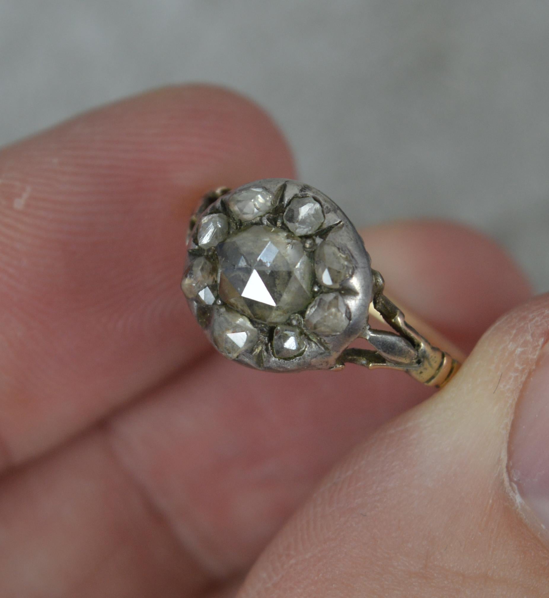 Early Georgian Foiled Rose Cut Diamond and 15ct Gold Cluster Ring For Sale 2