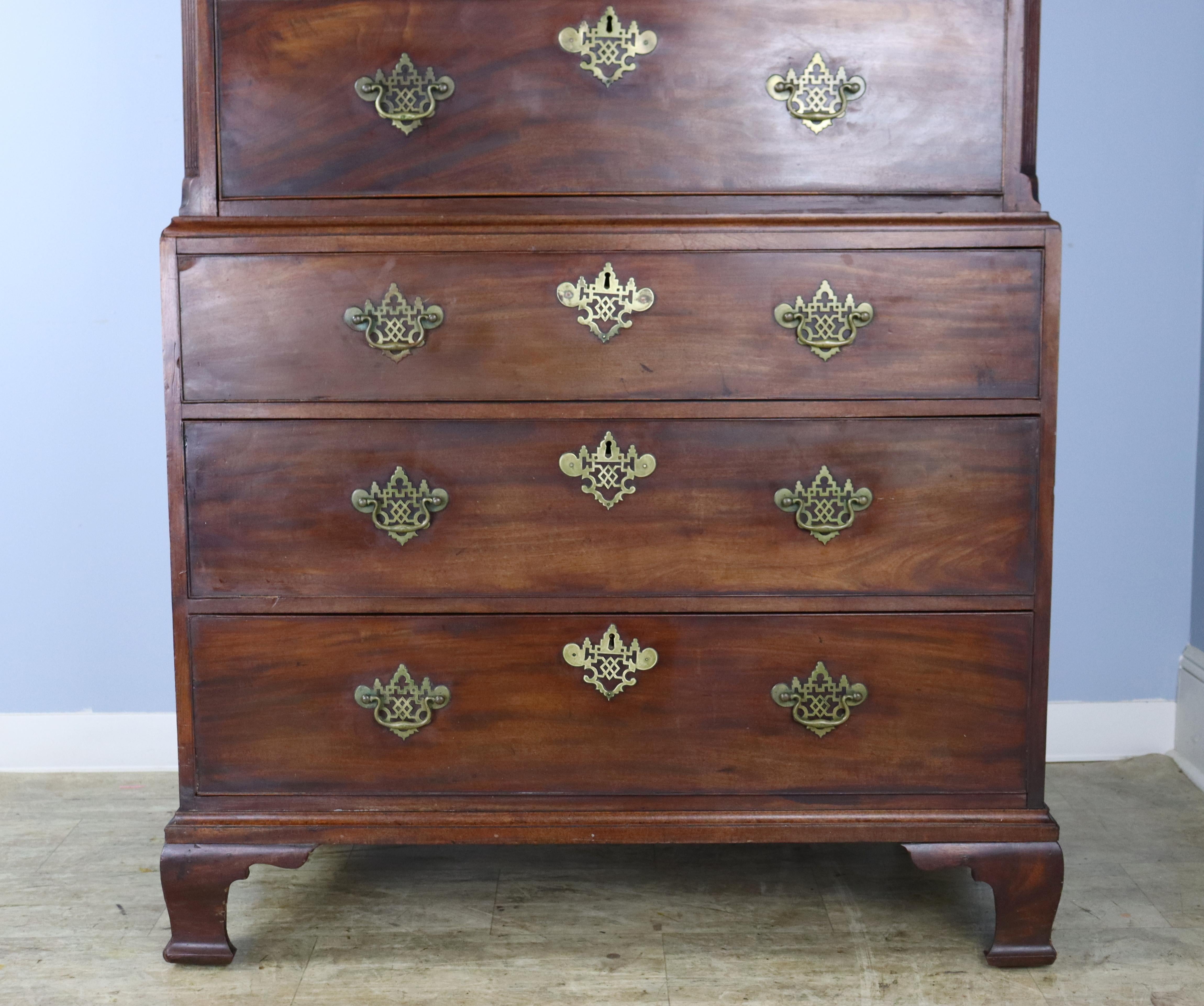 Early Georgian Mahogany Chest on Chest with Original Fretted Brass Hardware For Sale 8