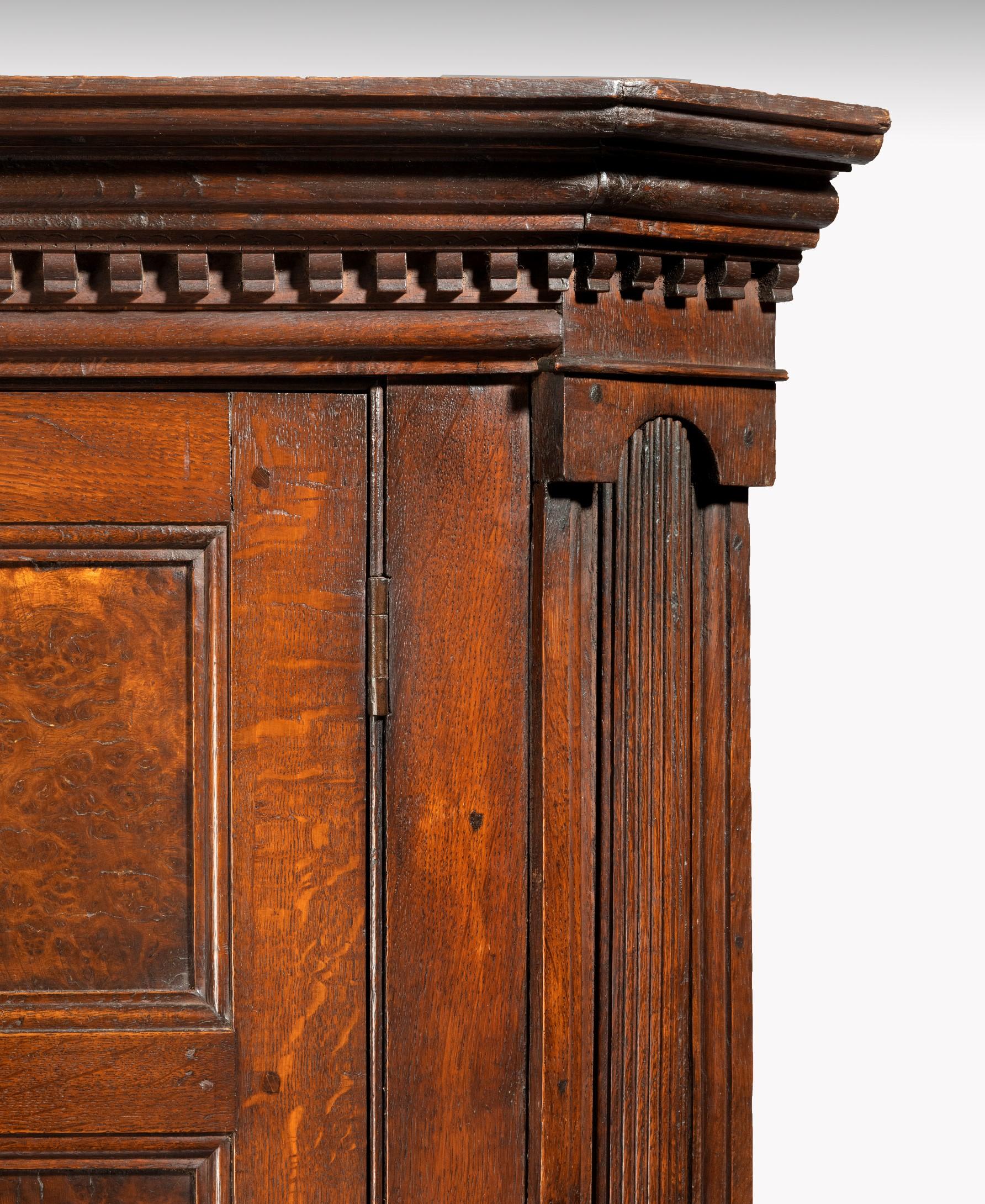 18th Century Early Georgian Oak and Burr Yew Standing Corner Cupboard For Sale