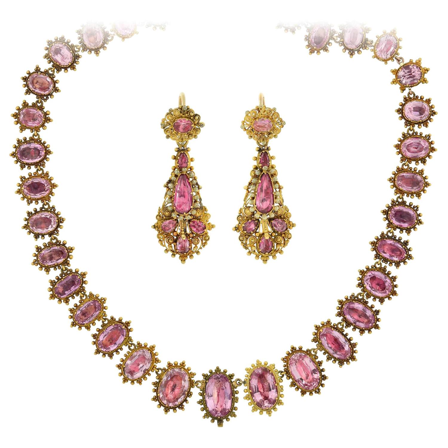 Early Georgian Pink Topaz Necklace and Earring Demi-Parure Set For Sale