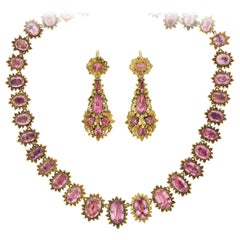 Vintage Early Georgian Pink Topaz Necklace and Earring Demi-Parure Set