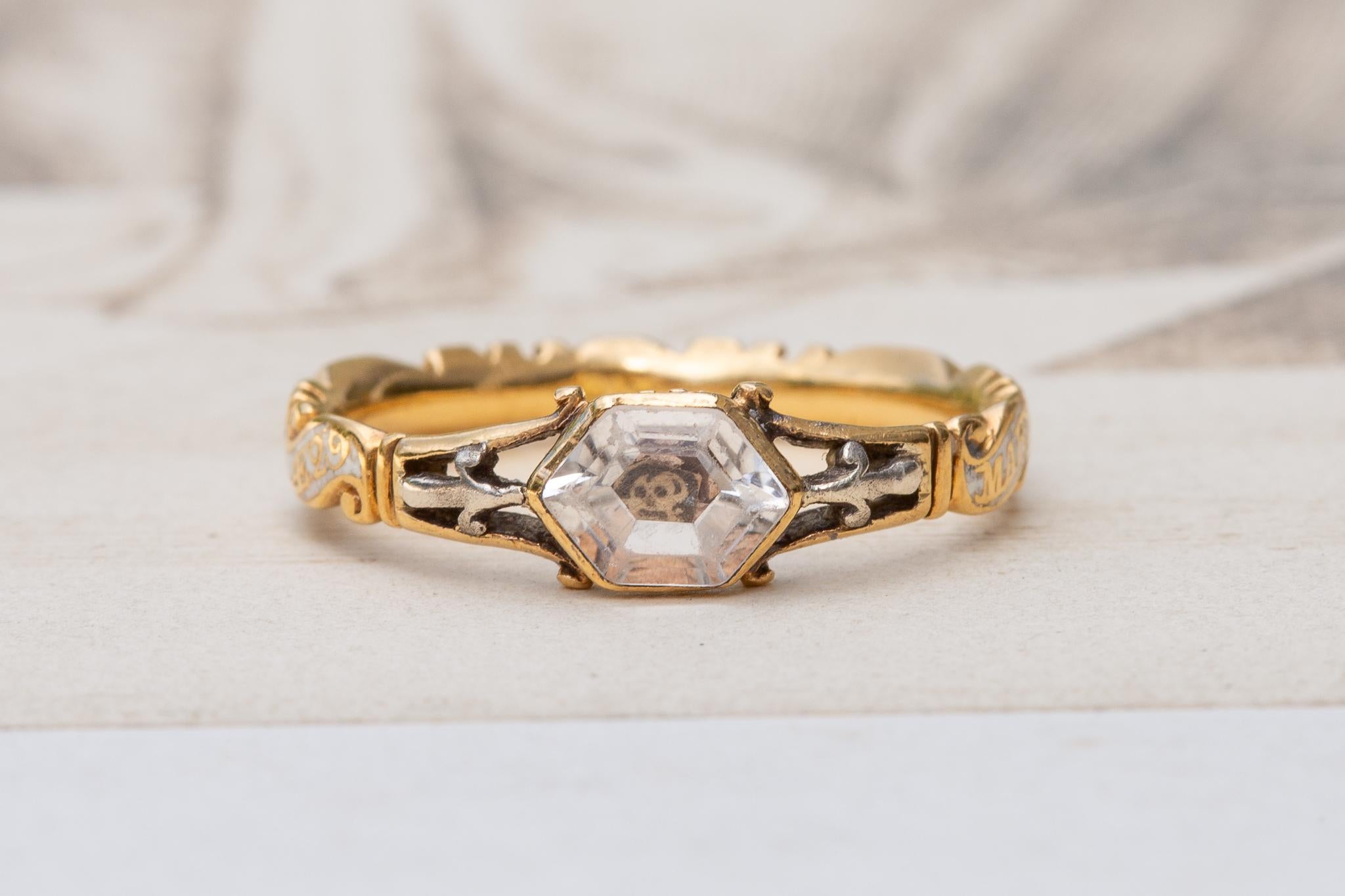 Portrait Cut Early Georgian Skull and Crossbones Stuart Crystal Mourning Ring c.1740