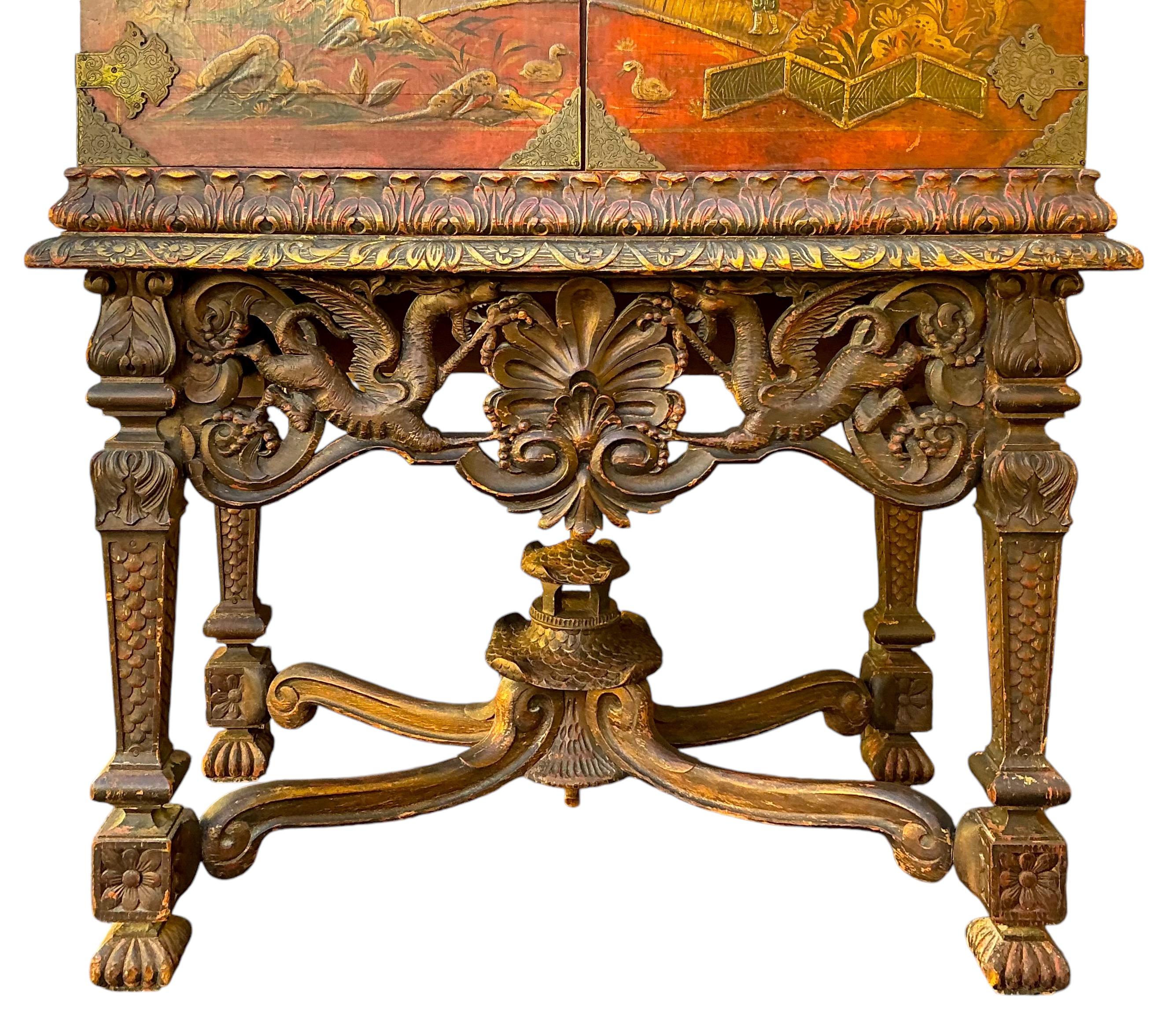 Chinese Early Georgian Style Chinoiserie Cabinet / Secretary Desk W/ Carved Pagoda Base