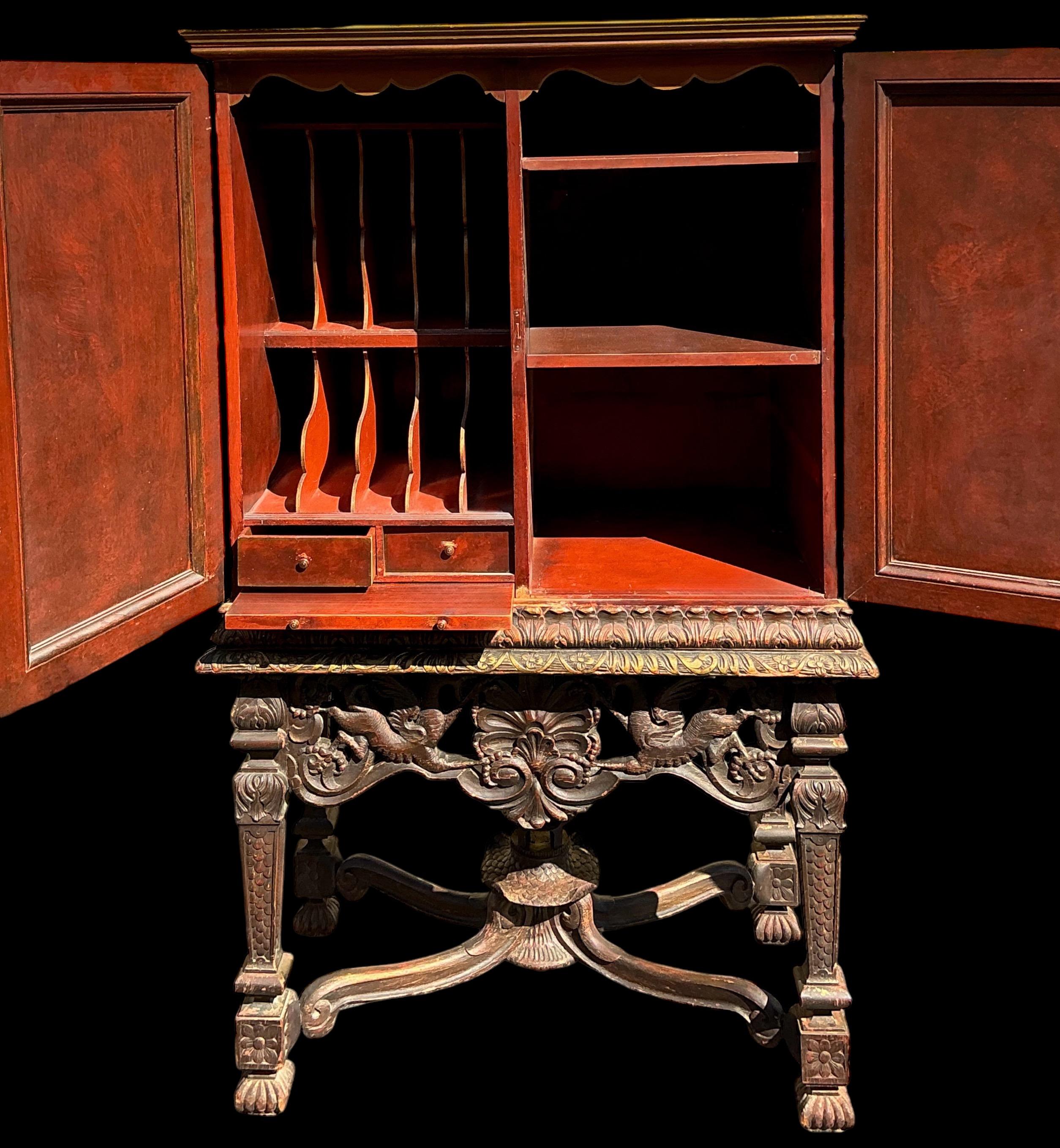 20th Century Early Georgian Style Chinoiserie Cabinet / Secretary Desk W/ Carved Pagoda Base