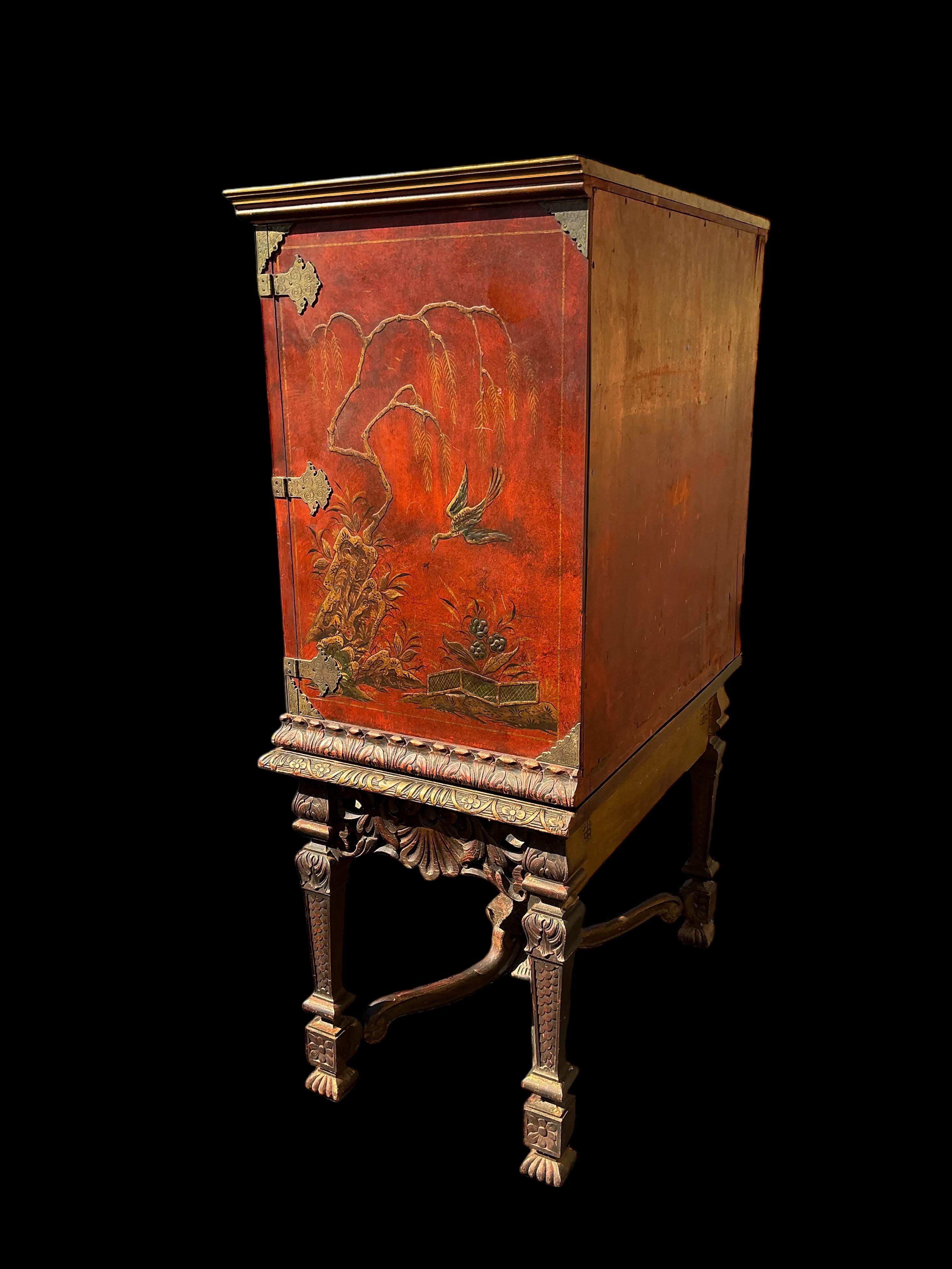Brass Early Georgian Style Chinoiserie Cabinet / Secretary Desk W/ Carved Pagoda Base