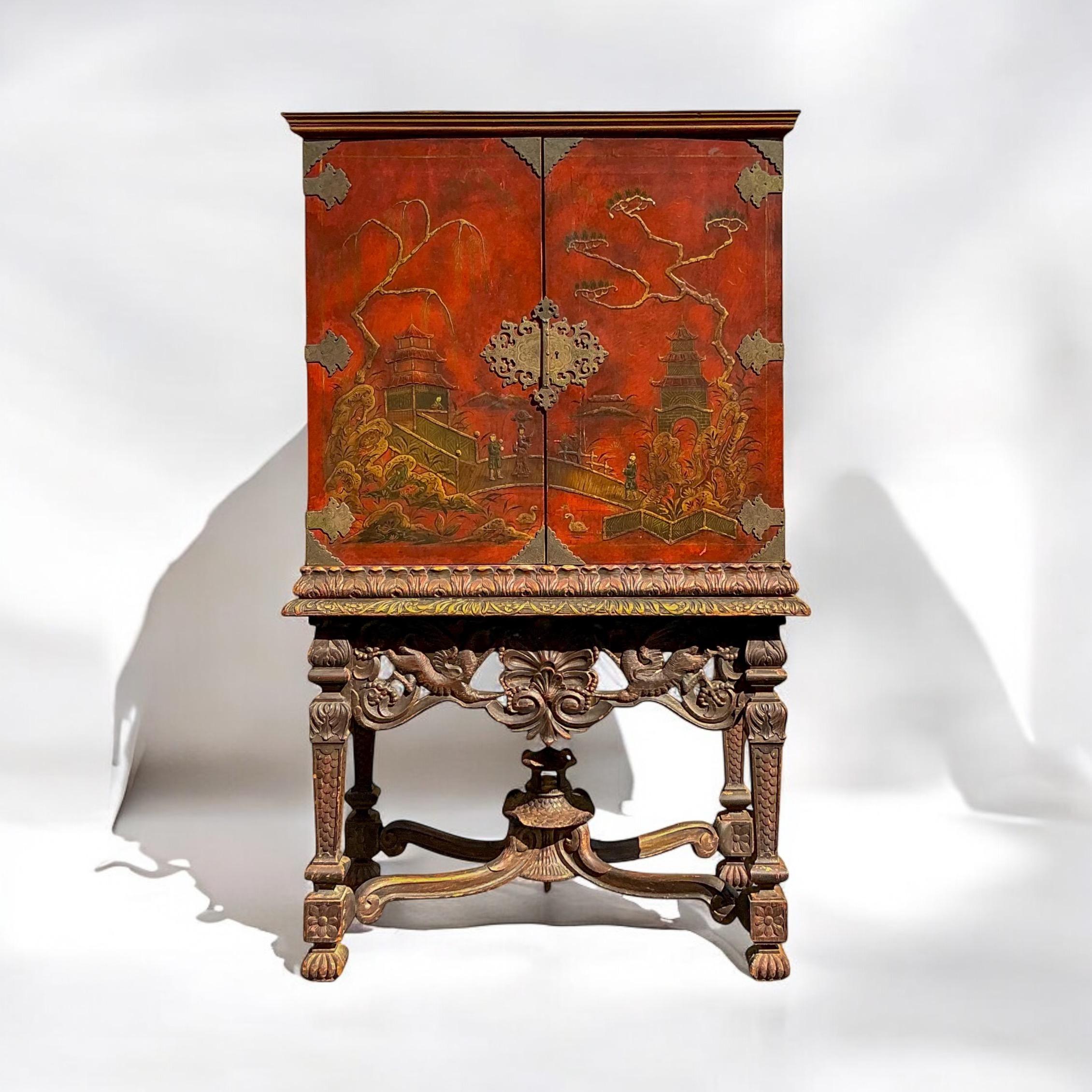 Early Georgian Style Chinoiserie Cabinet / Secretary Desk W/ Carved Pagoda Base 1