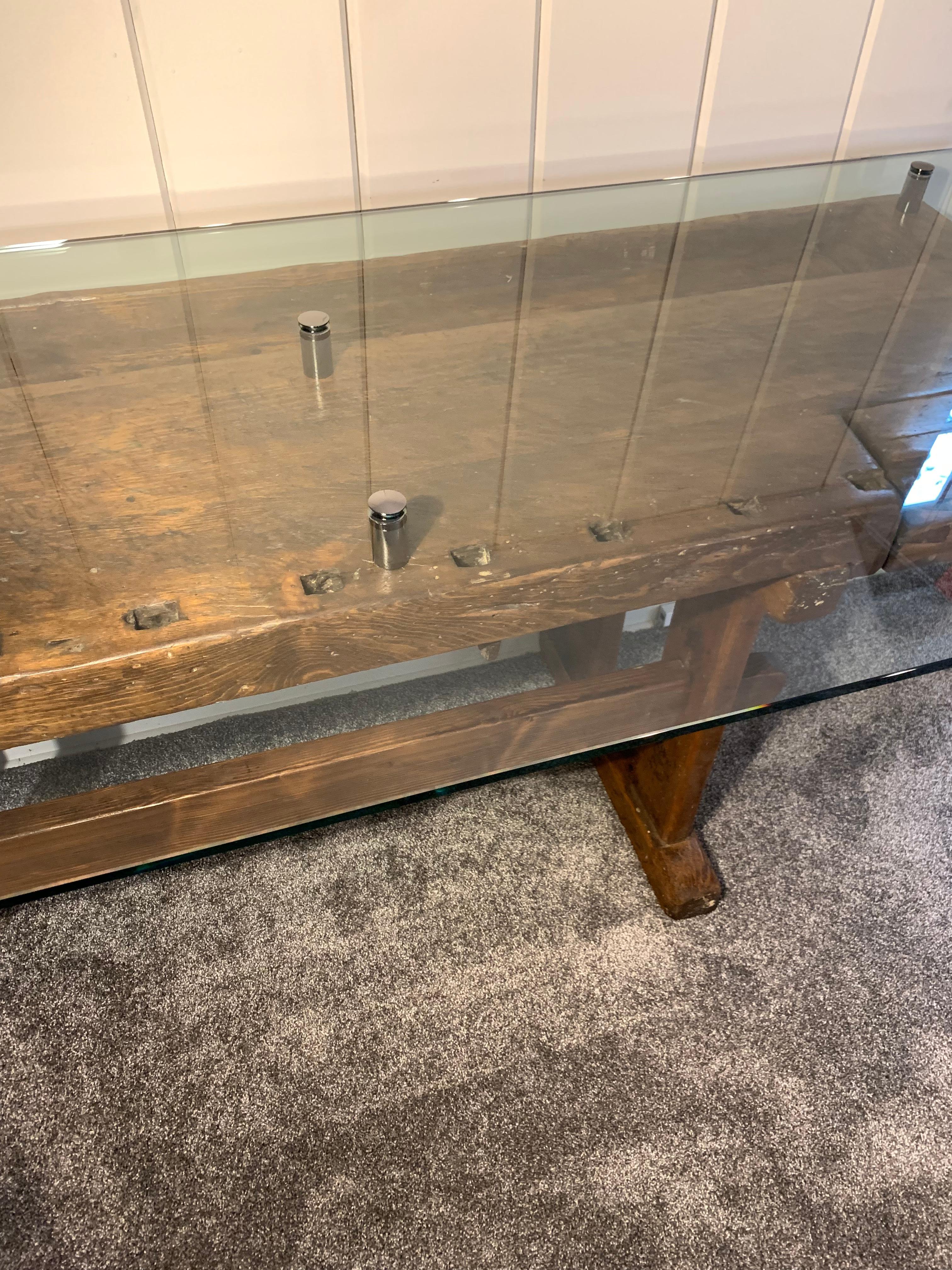 Early German Carpenter's And Joiner's Workbench with Chrome Standoff Glass Top 6
