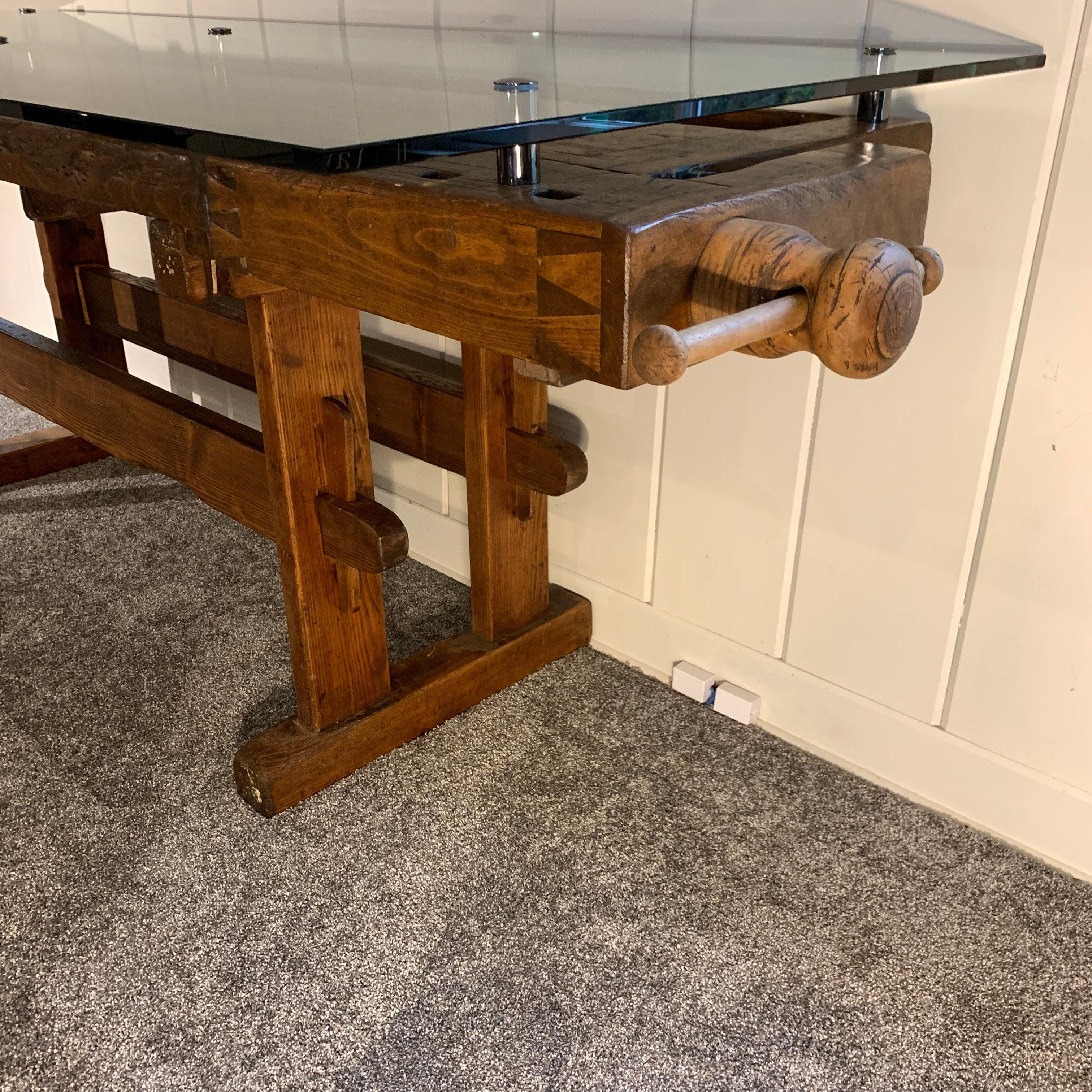 Early German Carpenter's And Joiner's Workbench with Chrome Standoff Glass Top 9