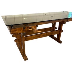 Early German Carpenter's And Joiner's Workbench with Chrome Standoff Glass Top