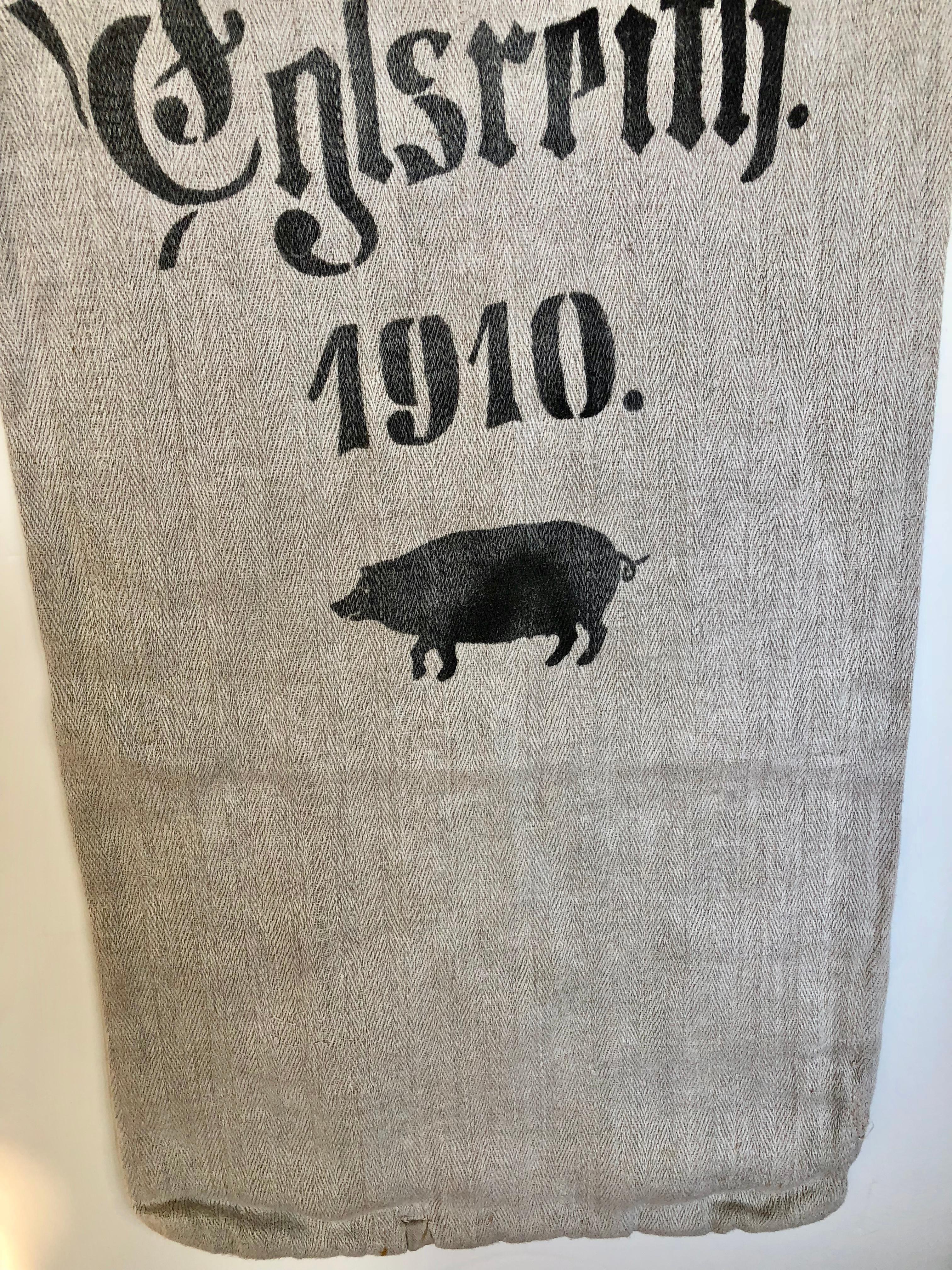 Hemp Early German Grainsack with Beautiful Original Calligraphy and Graphics, Pig For Sale