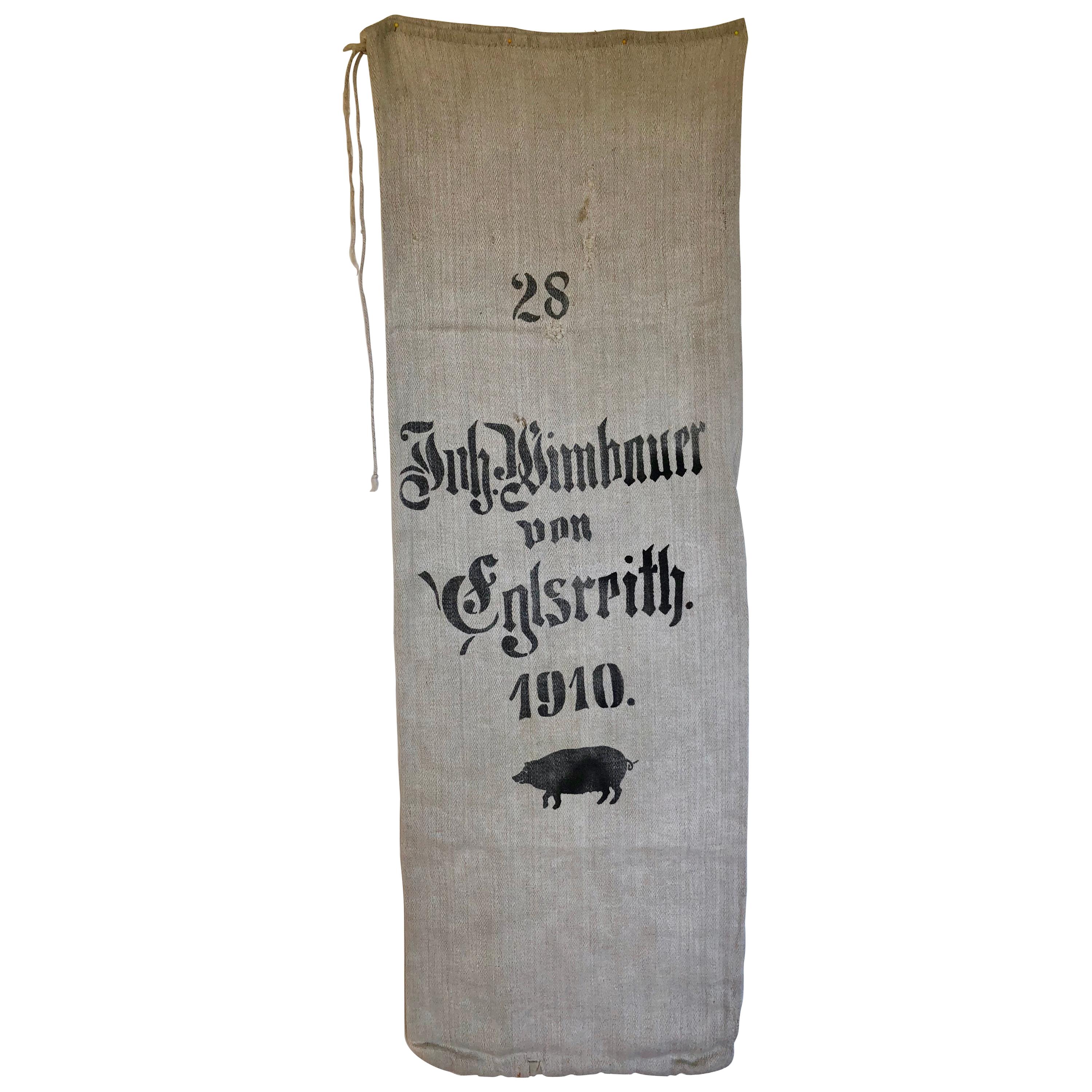 Early German Grainsack with Beautiful Original Calligraphy and Graphics, Pig For Sale