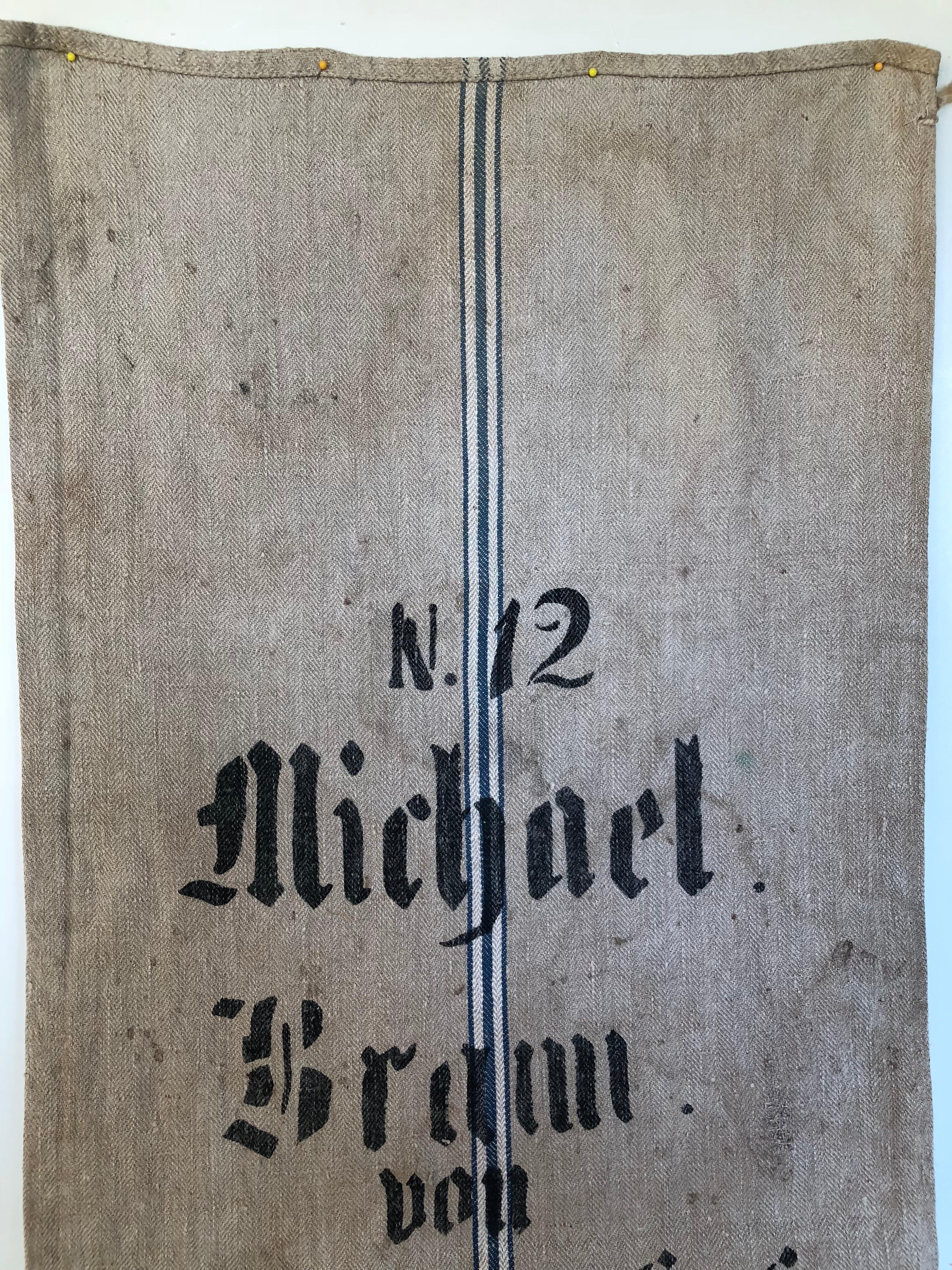 Early German Handwoven Grain Sack with Original Calligraphy and Graphics In Distressed Condition For Sale In Glen Ellyn, IL