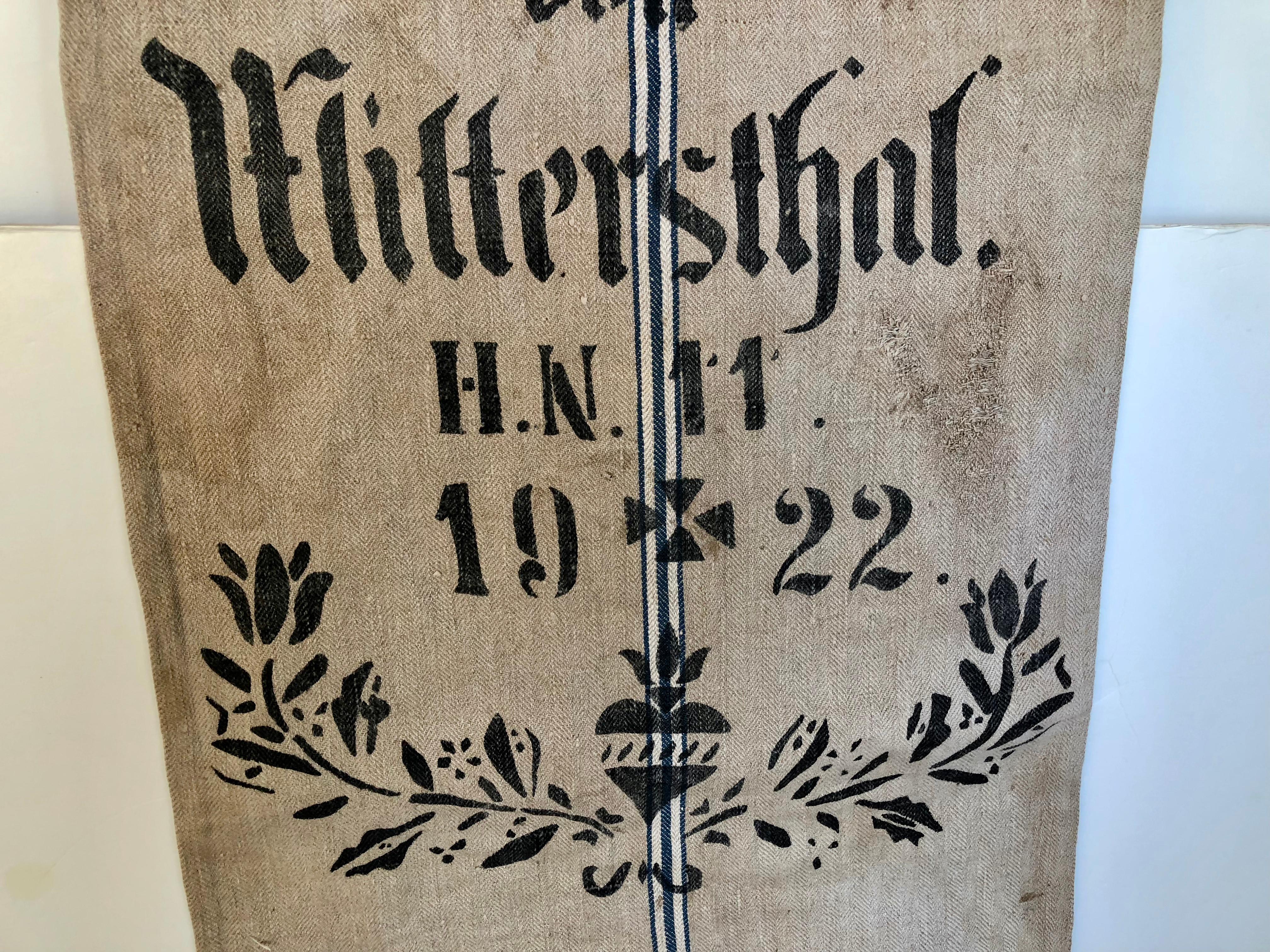 20th Century Early German Handwoven Grain Sack with Original Calligraphy and Graphics For Sale