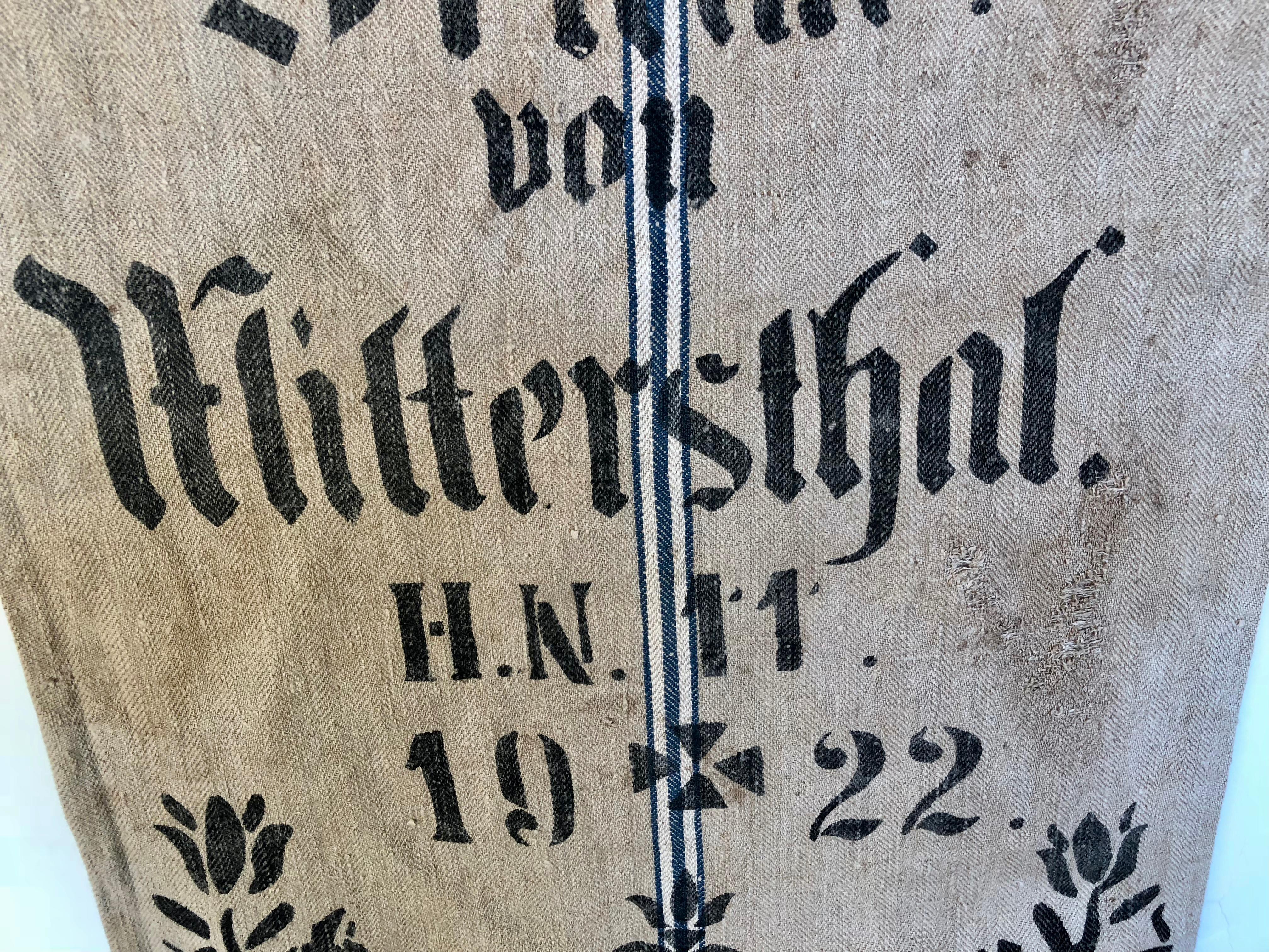 Cotton Early German Handwoven Grain Sack with Original Calligraphy and Graphics For Sale