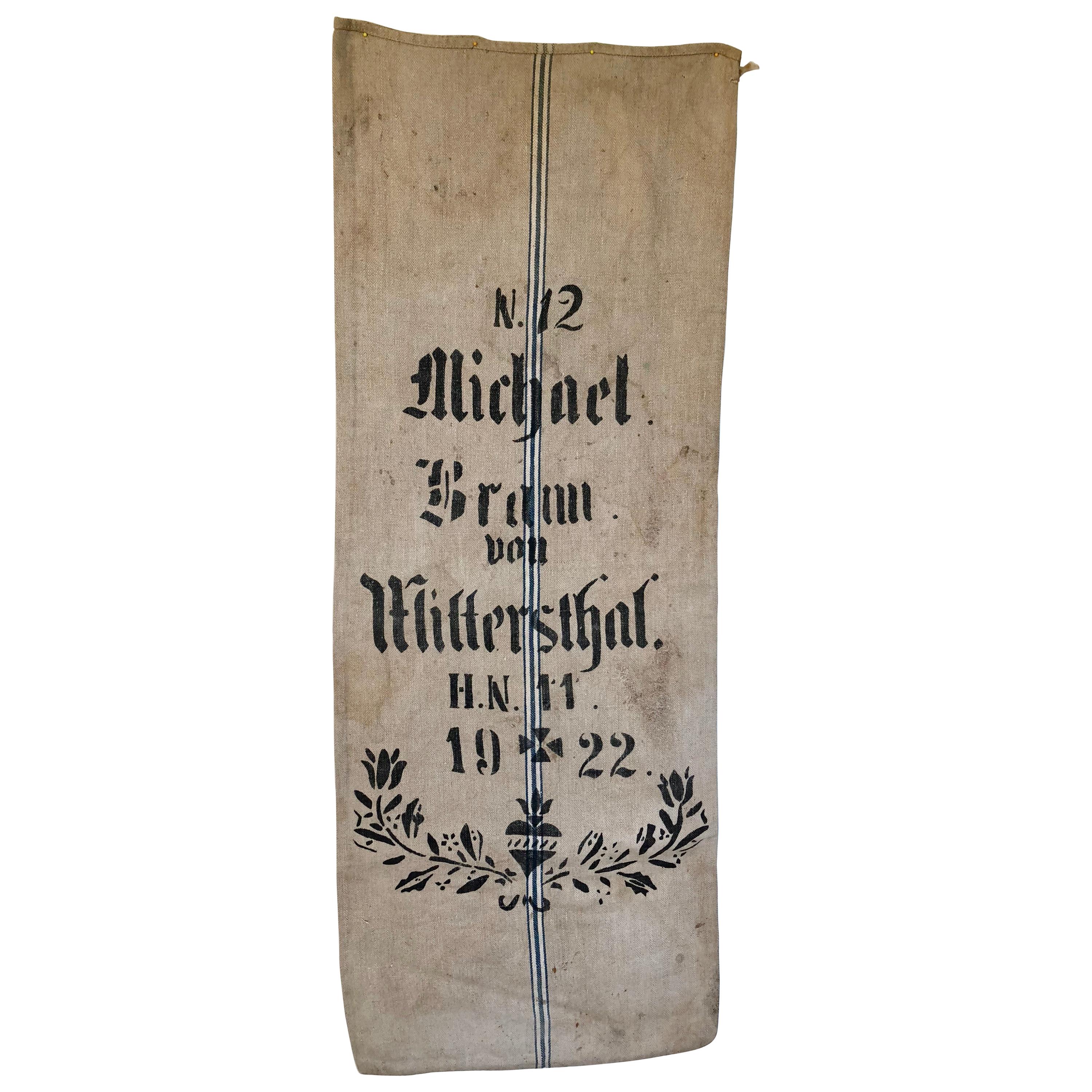Early German Handwoven Grain Sack with Original Calligraphy and Graphics For Sale