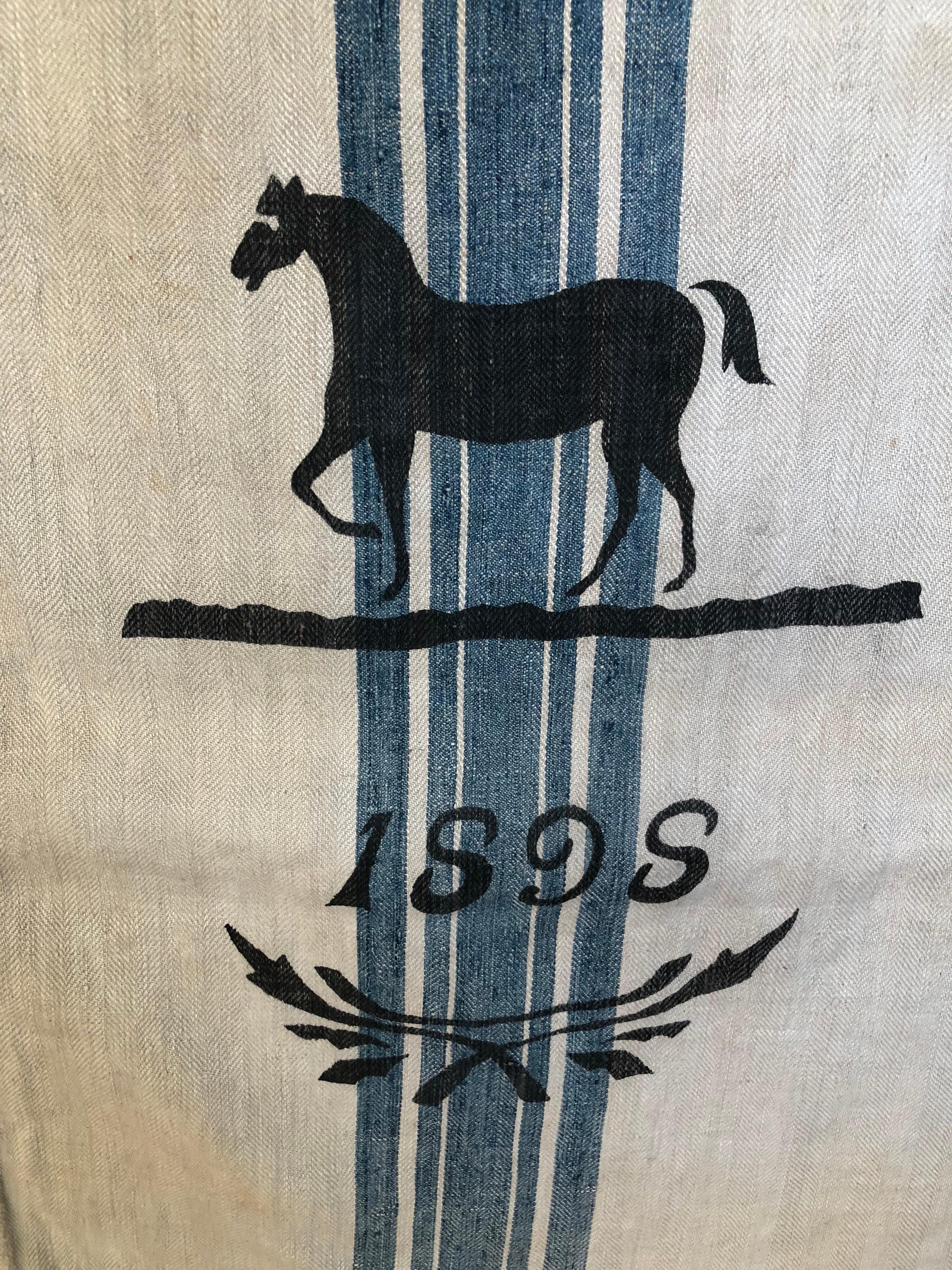 Early German Handwoven Grain Sack with Original Calligraphy and Graphics, Horse In Distressed Condition For Sale In Glen Ellyn, IL