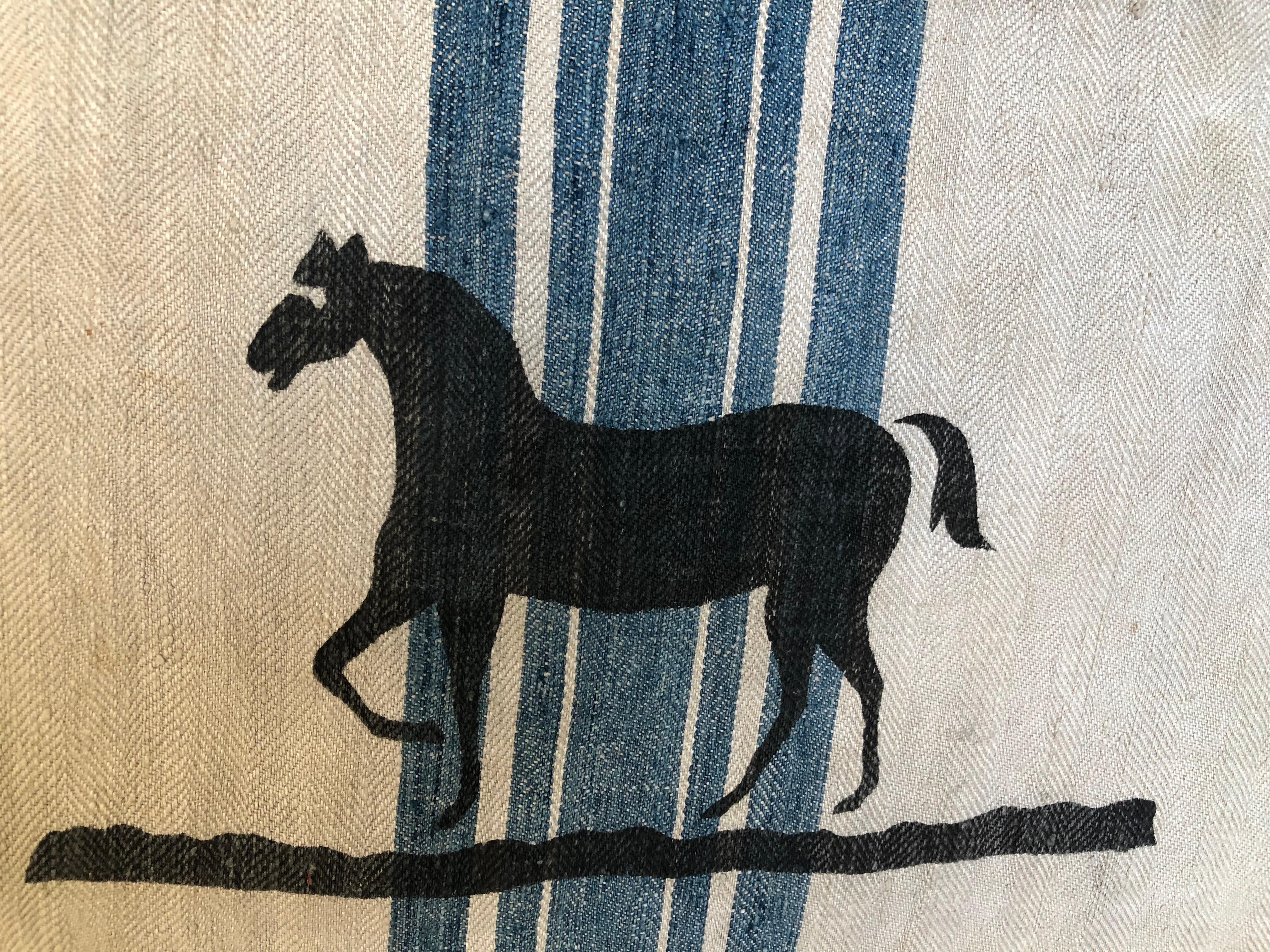 Hemp Early German Handwoven Grain Sack with Original Calligraphy and Graphics, Horse For Sale