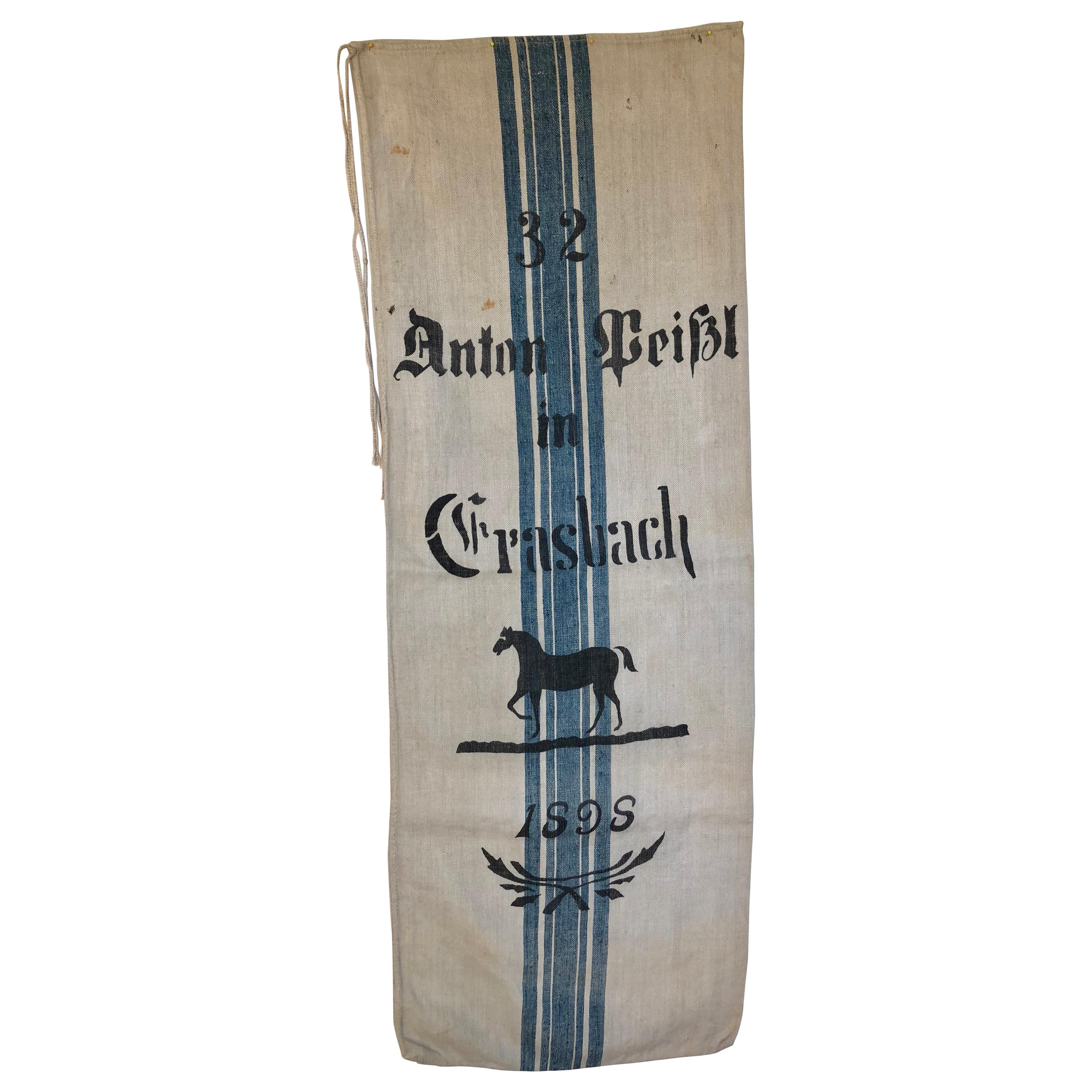 Early German Handwoven Grain Sack with Original Calligraphy and Graphics, Horse For Sale