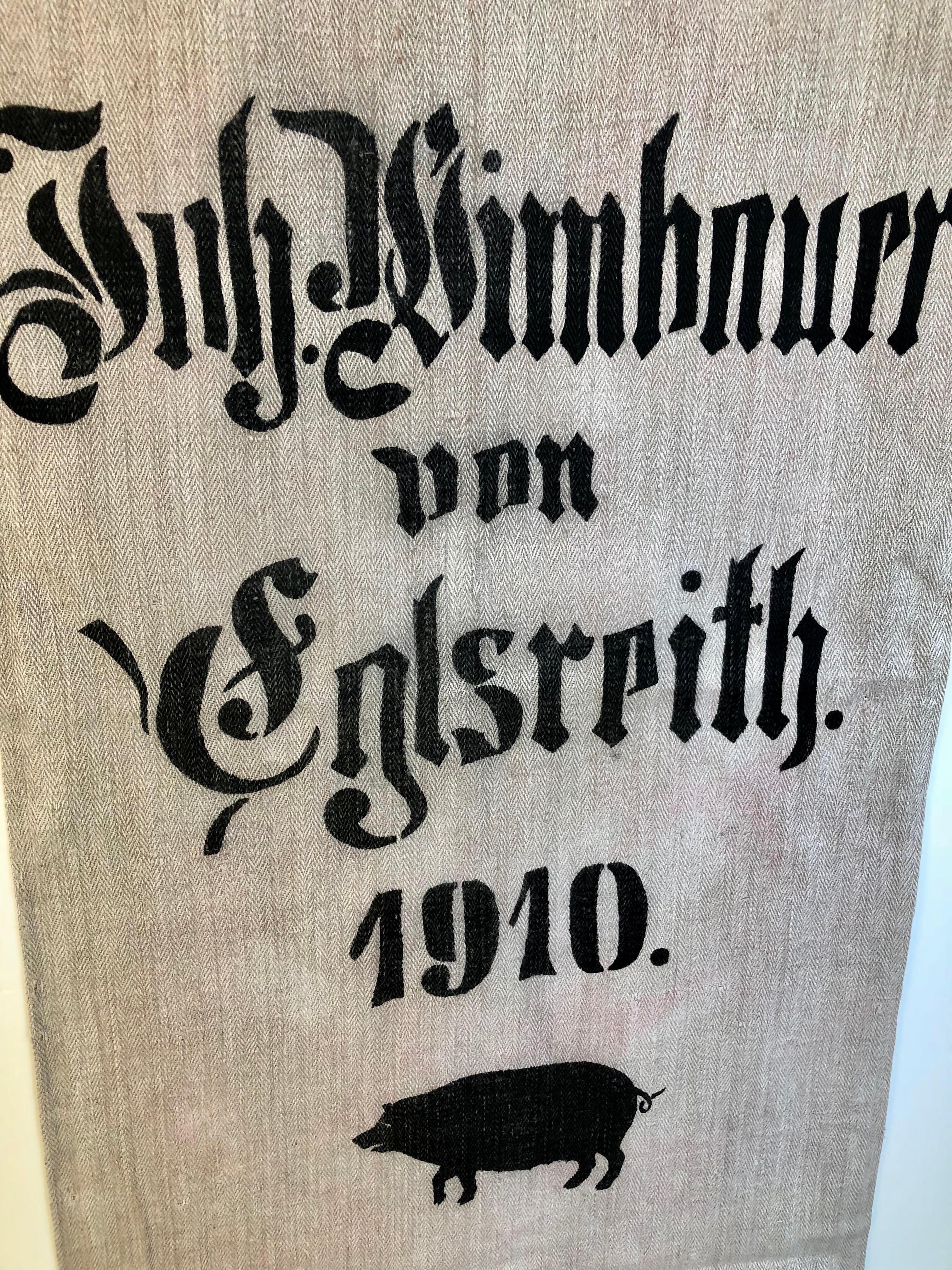 Early German Handwoven Hemp and Linen Grainsack, Original Graphics, Pig For Sale 2