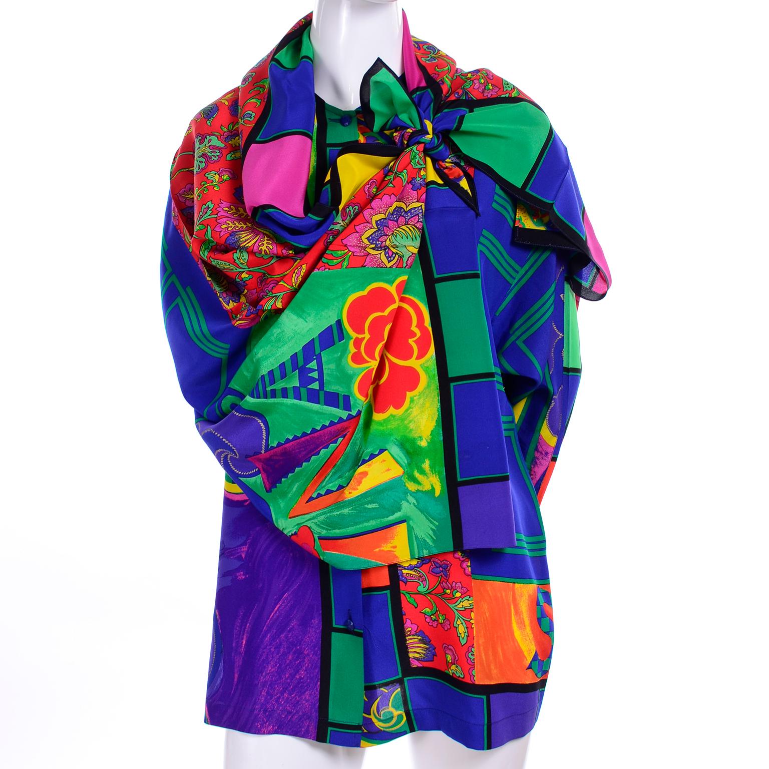 Early Gianni Versace Vintage Abstract Mixed Pattern Silk Print Blouse ...