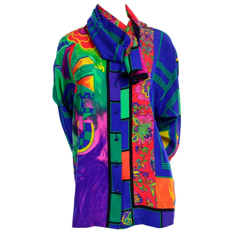 Early Gianni Versace Vintage Abstract Mixed Pattern Silk Print Blouse & Scarf For Sale