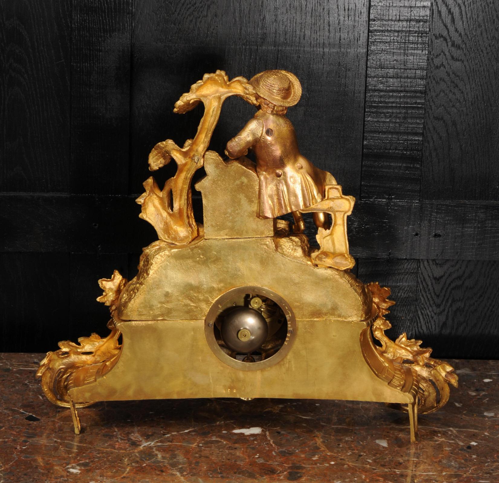 Early Gilt Bronze Antique French Clock, Dog and Master 4