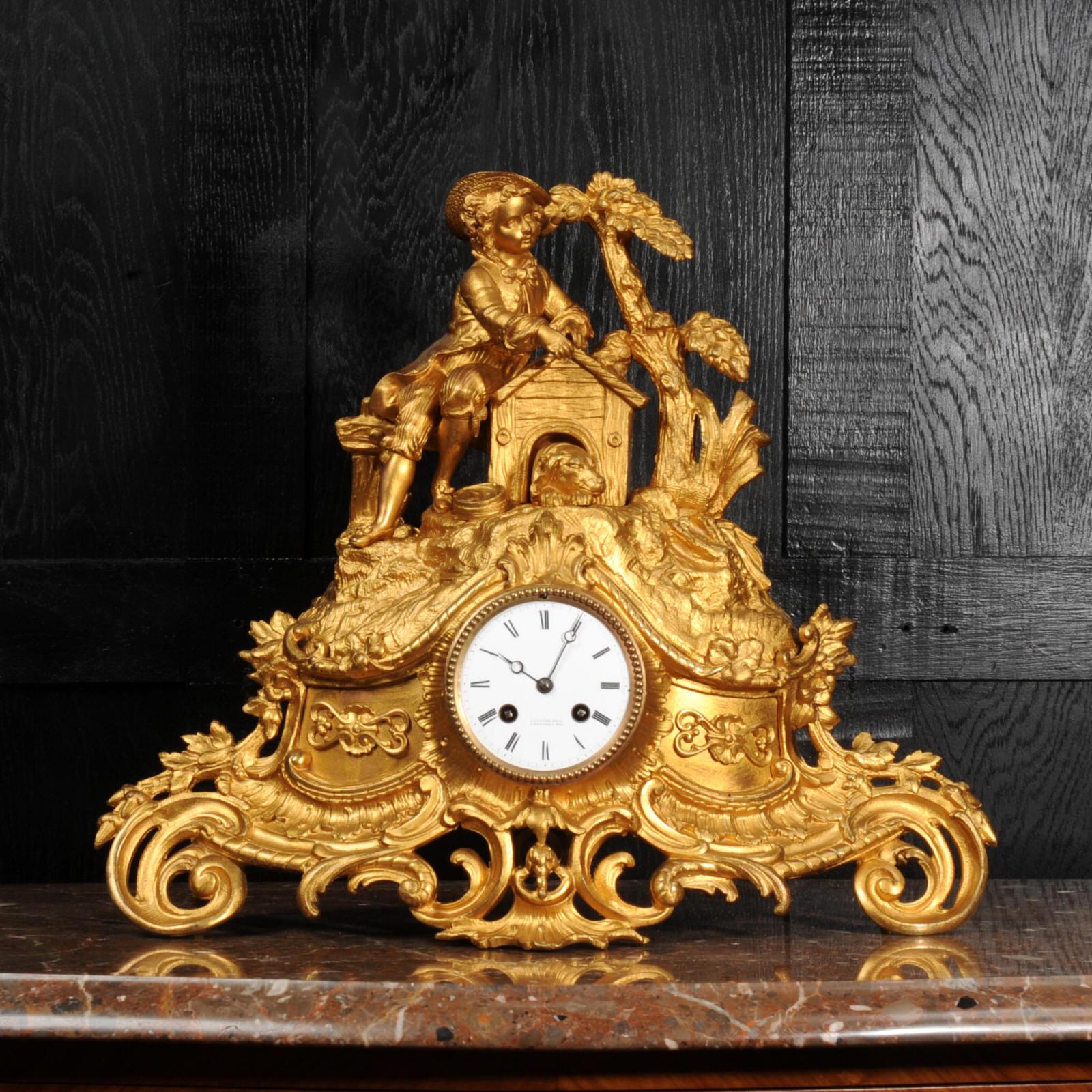 Louis Philippe Early Gilt Bronze Antique French Clock, Dog and Master
