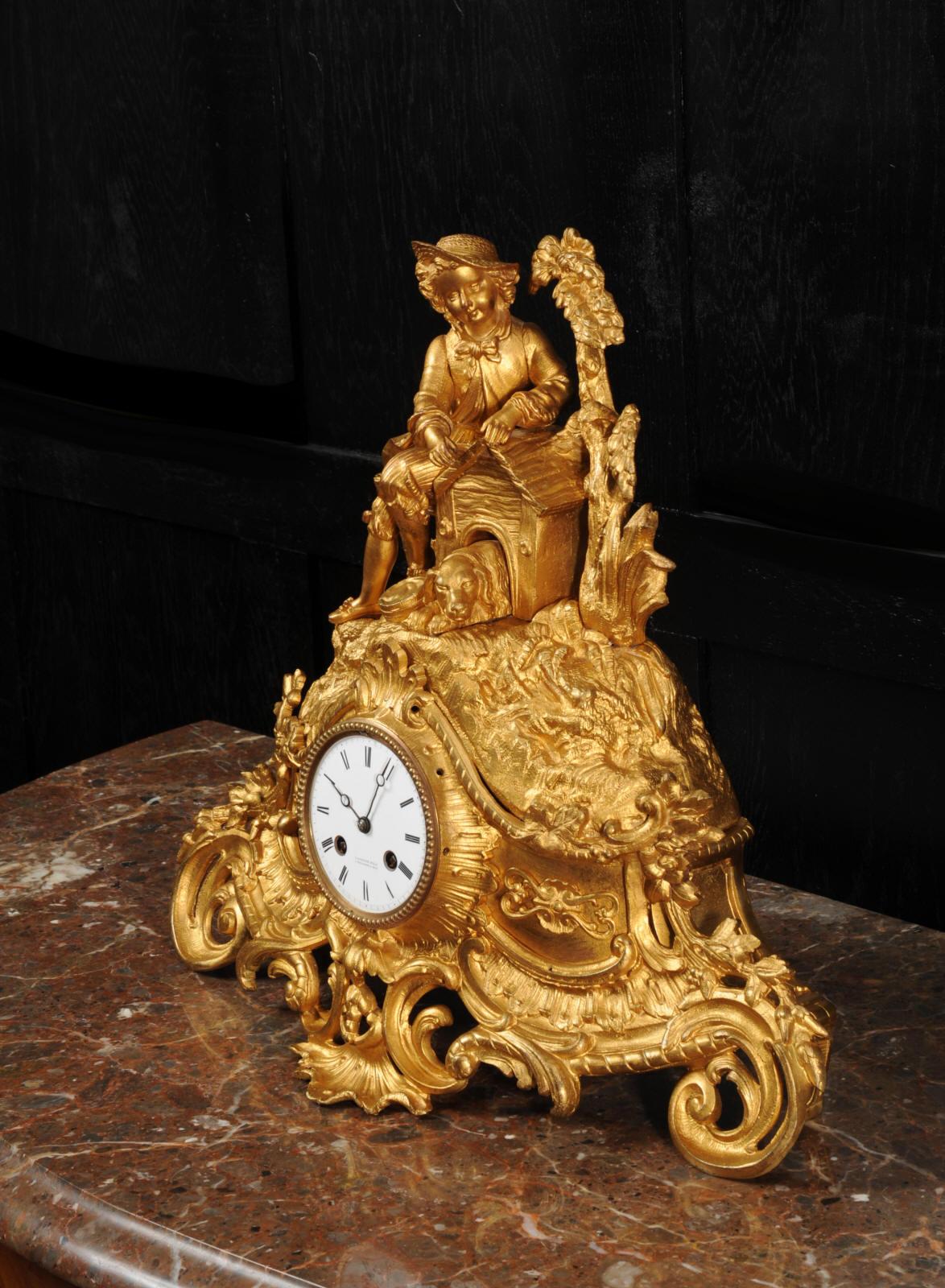 Early Gilt Bronze Antique French Clock, Dog and Master In Good Condition In Belper, Derbyshire