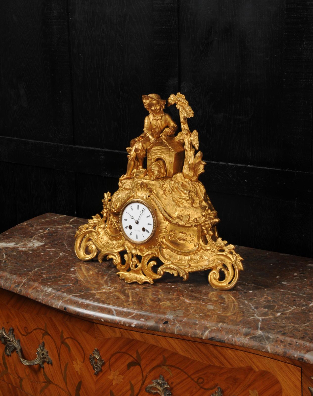 19th Century Early Gilt Bronze Antique French Clock, Dog and Master