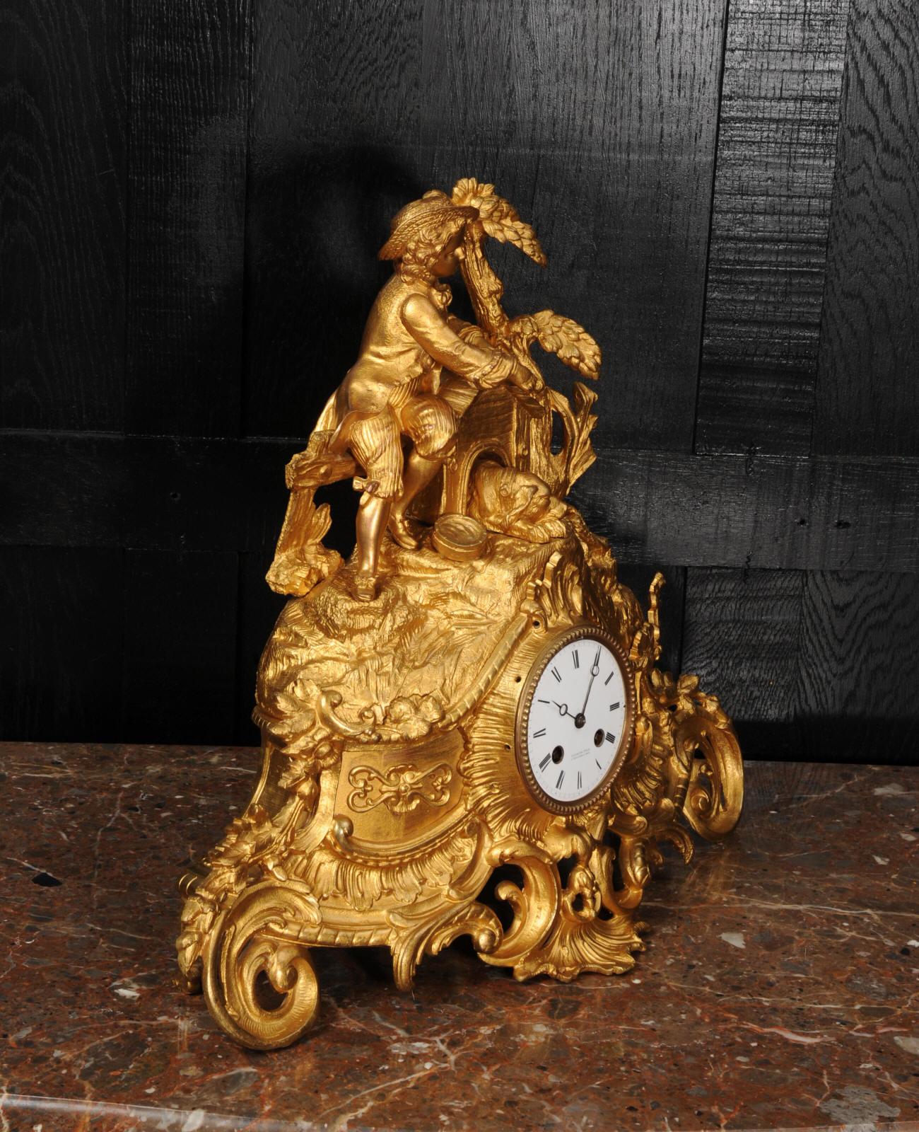 Early Gilt Bronze Antique French Clock, Dog and Master 1