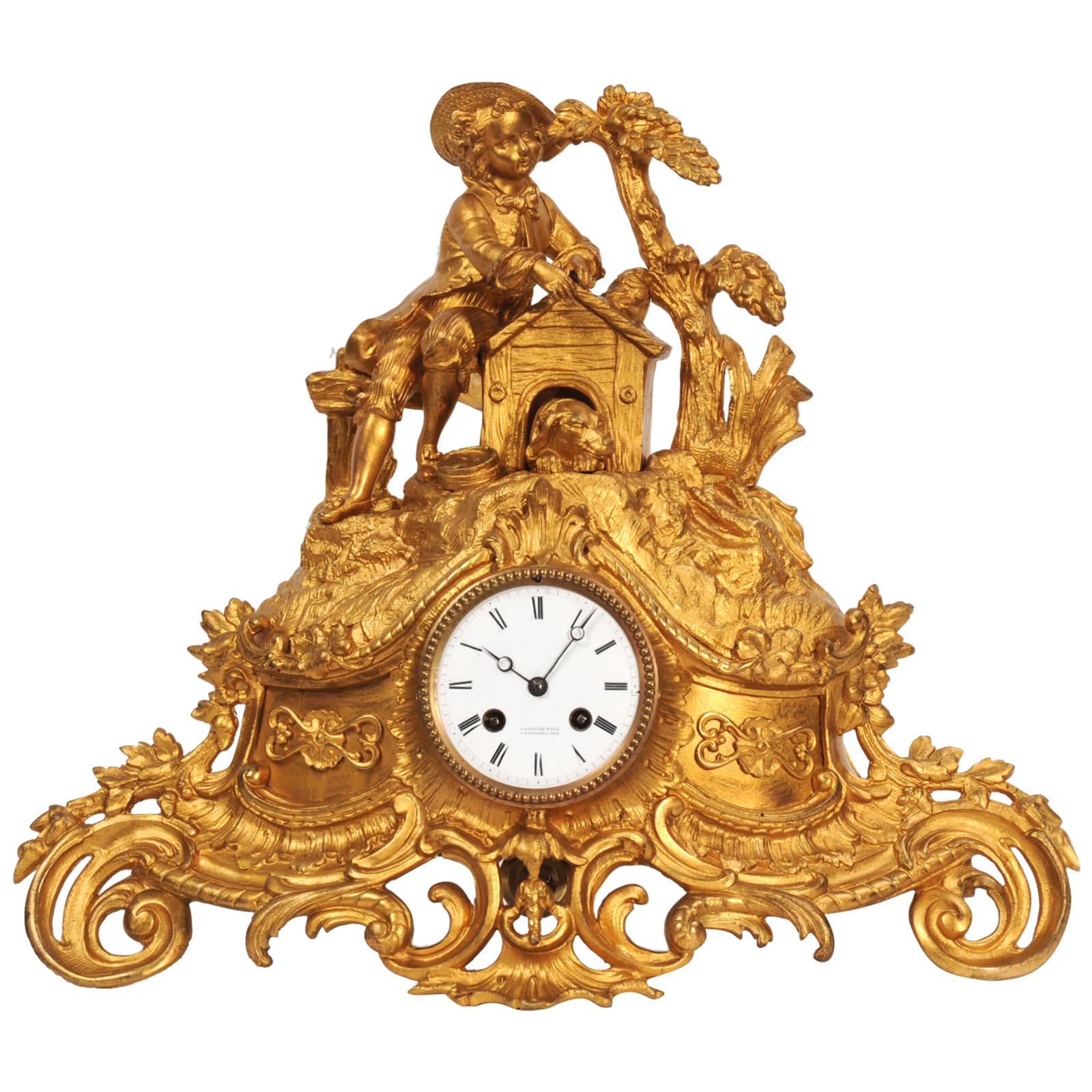 Early Gilt Bronze Antique French Clock, Dog and Master