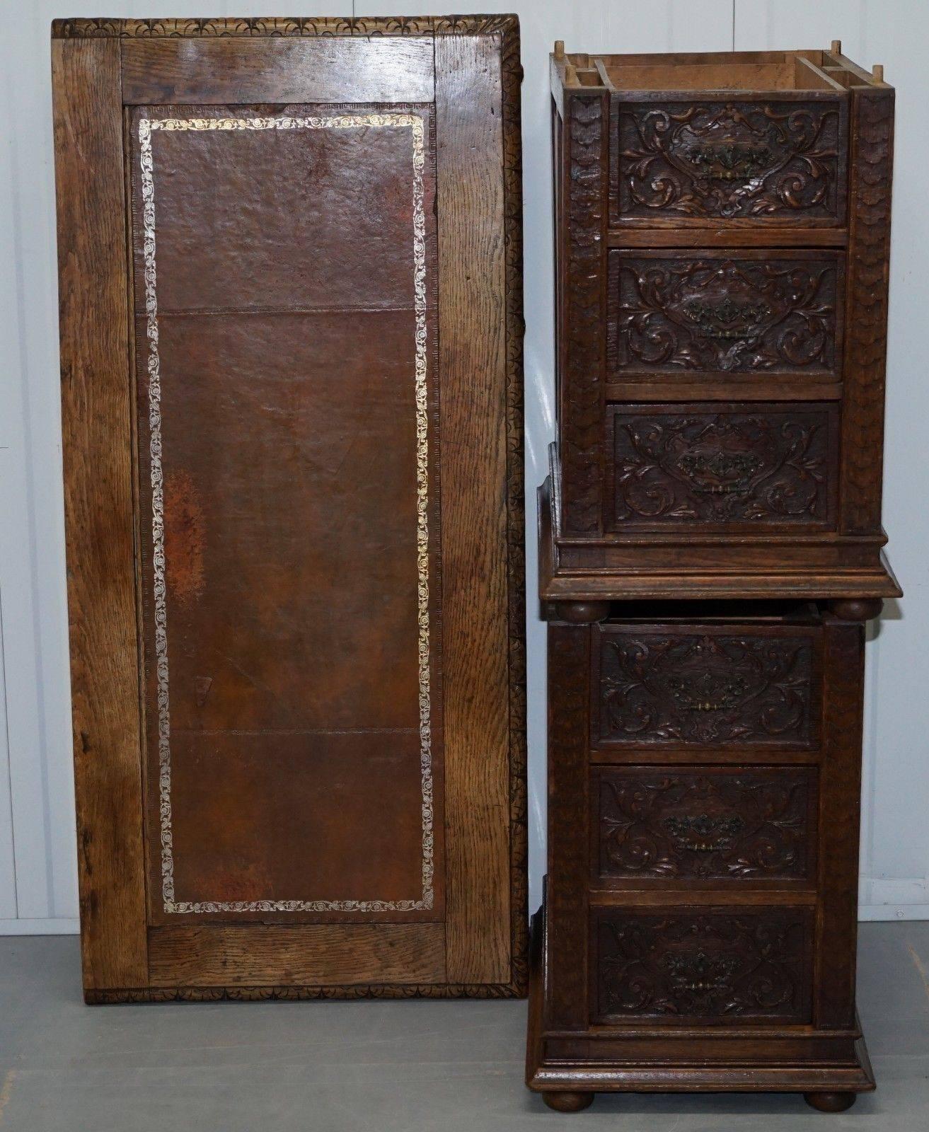 Early Gothic Style Hand-Carved English Oak Twin Pedestal Desk Leather circa 1800 6