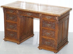 Early Gothic Style Hand-Carved English Oak Twin Pedestal Desk Leather circa 1800
