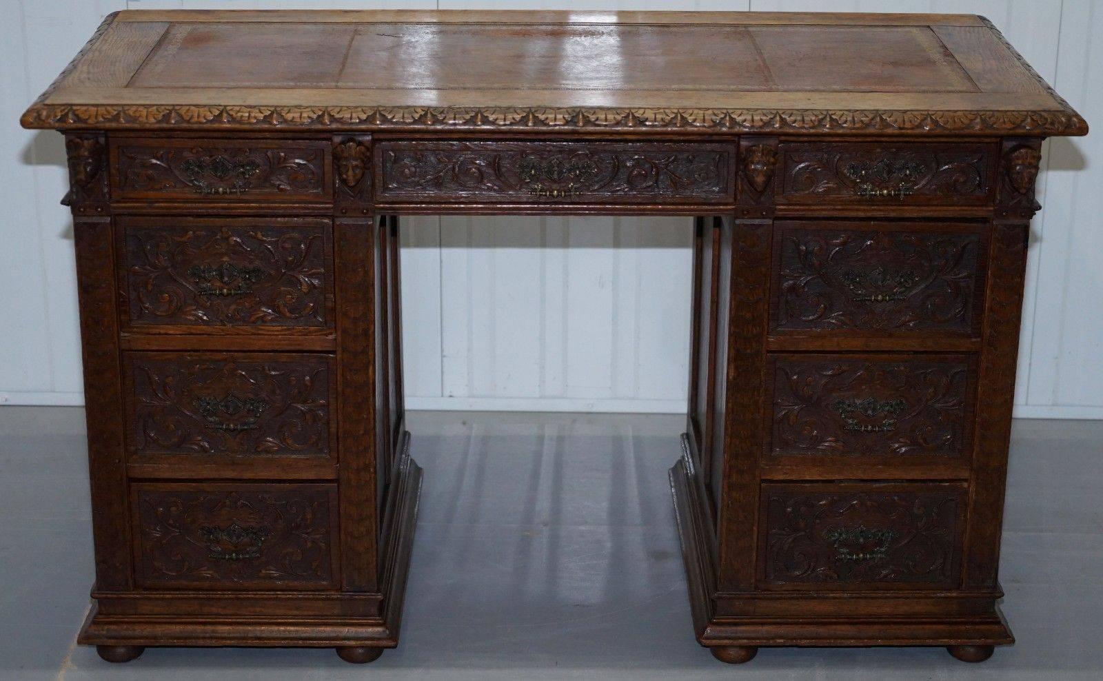 British Early Gothic Style Hand-Carved English Oak Twin Pedestal Desk Leather circa 1800