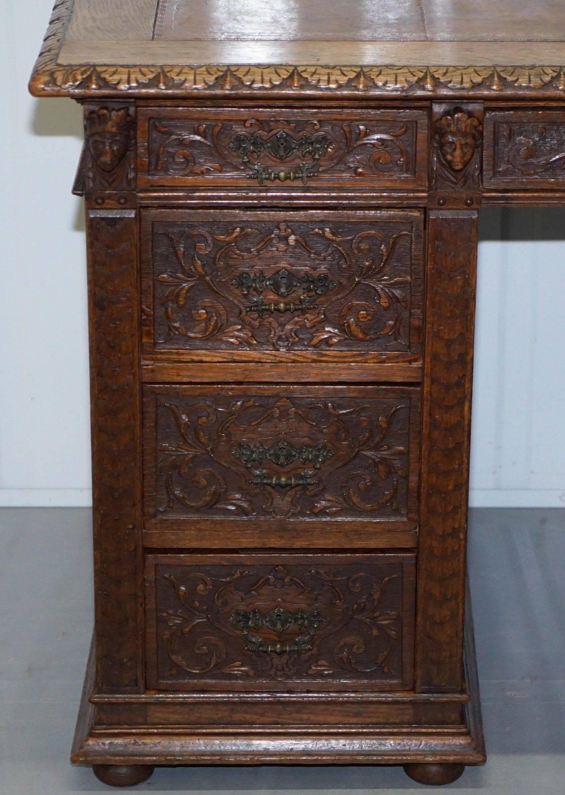 Early 19th Century Early Gothic Style Hand-Carved English Oak Twin Pedestal Desk Leather circa 1800