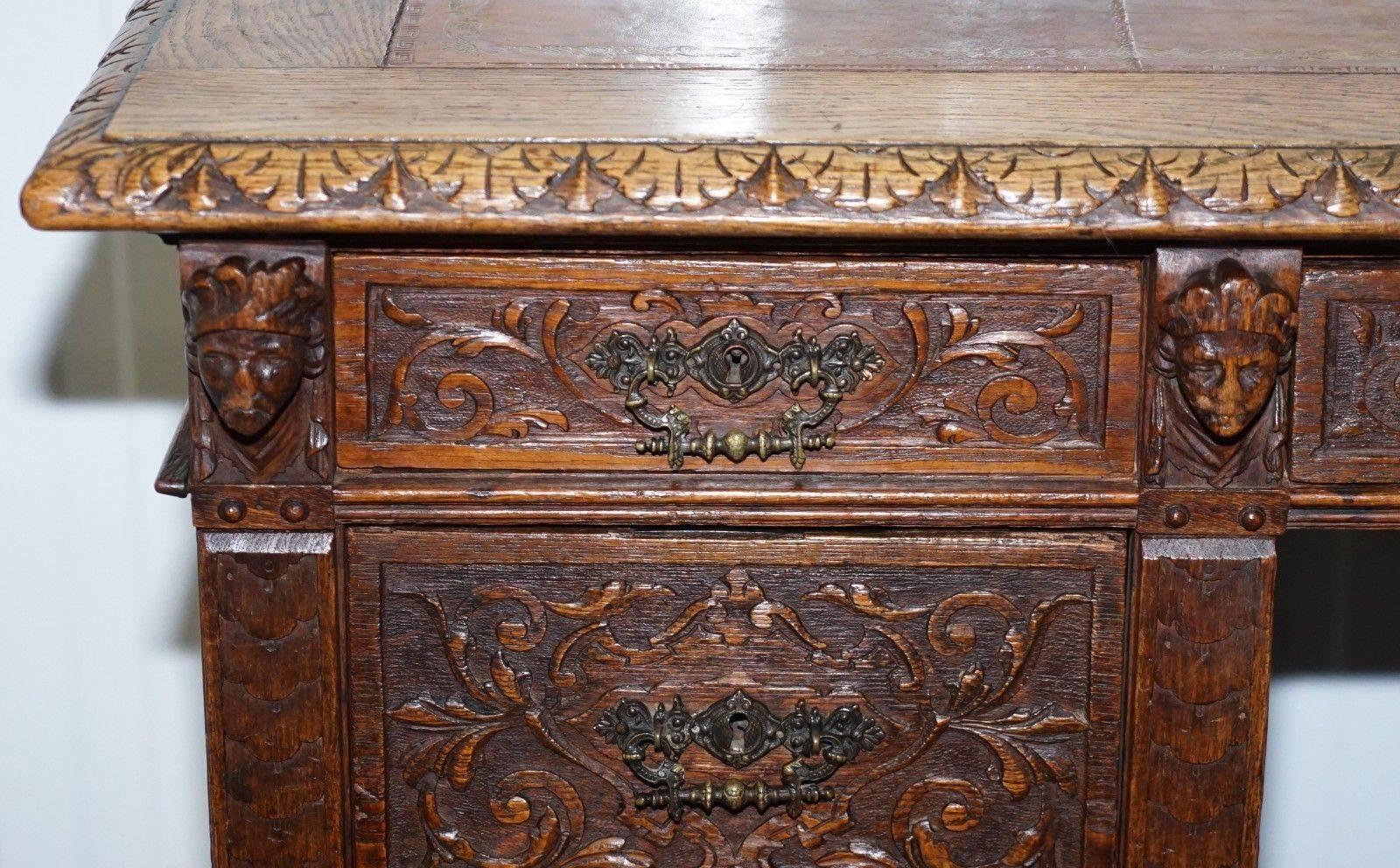 Early Gothic Style Hand-Carved English Oak Twin Pedestal Desk Leather circa 1800 1