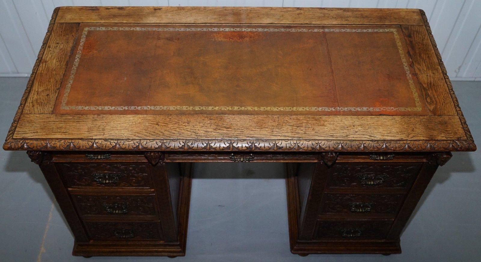 Early Gothic Style Hand-Carved English Oak Twin Pedestal Desk Leather circa 1800 3