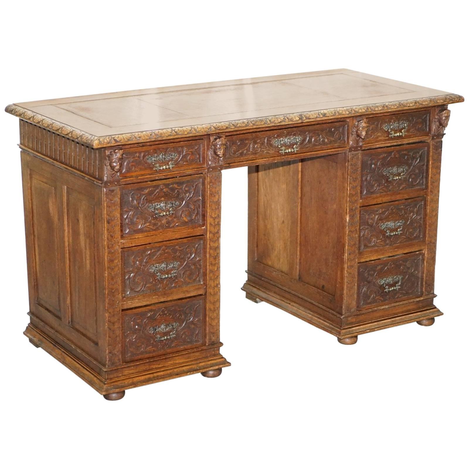 Early Gothic Style Hand-Carved English Oak Twin Pedestal Desk Leather circa 1800