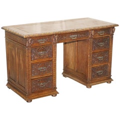 Antique Early Gothic Style Hand-Carved English Oak Twin Pedestal Desk Leather circa 1800