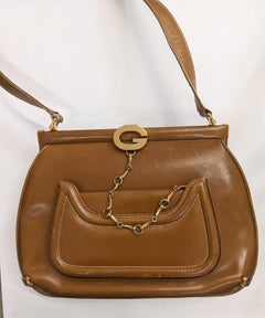 Early Gucci Logo Caramel Leather Shoulder Bag