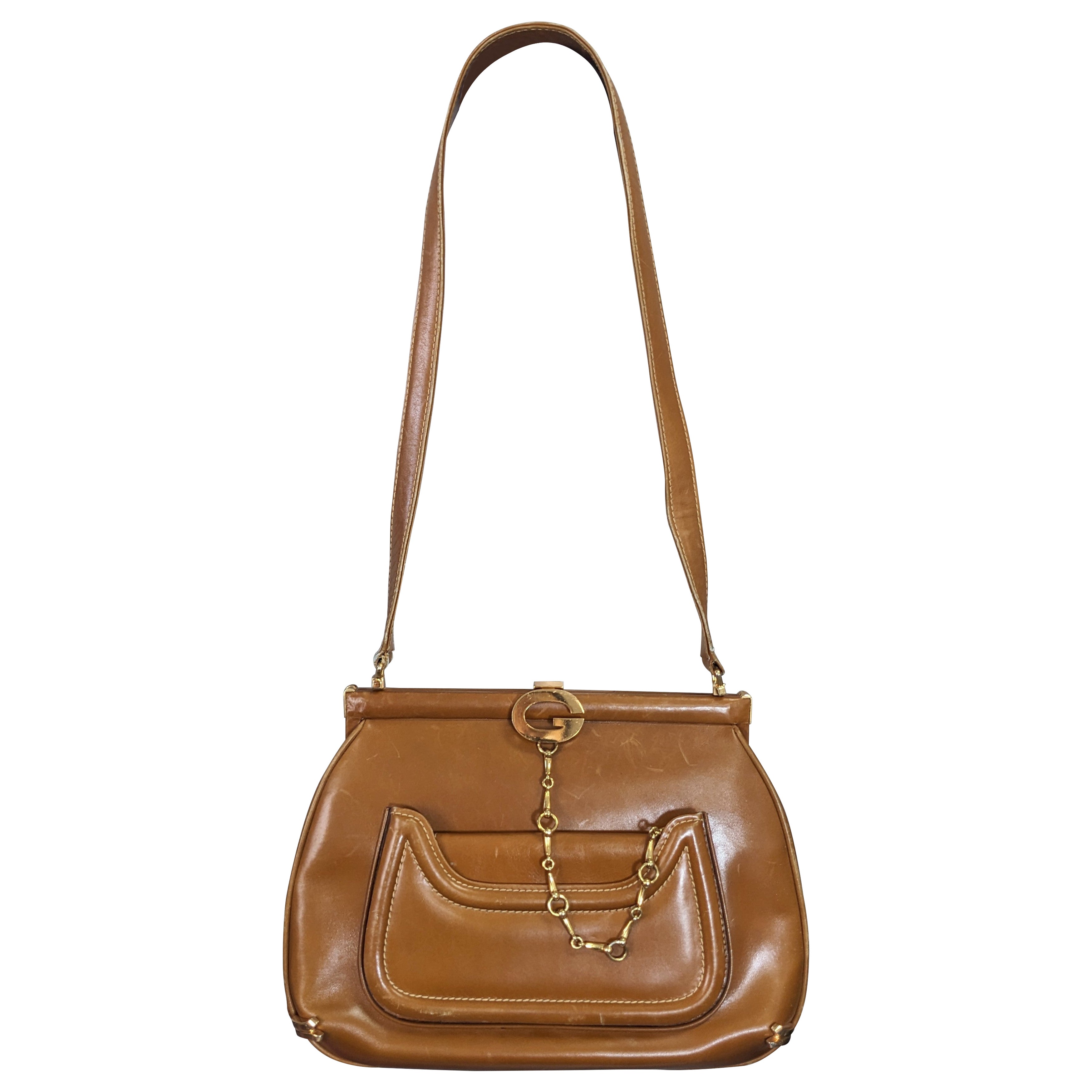 Early Gucci Logo Caramel Leather Shoulder Bag en vente